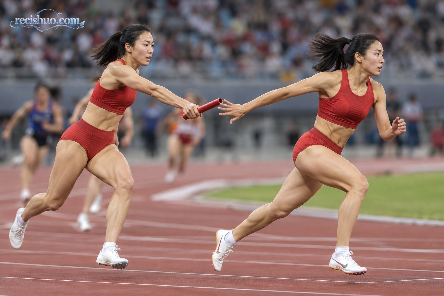 两名中国女子短跑运动员在接力区高速完成交接棒