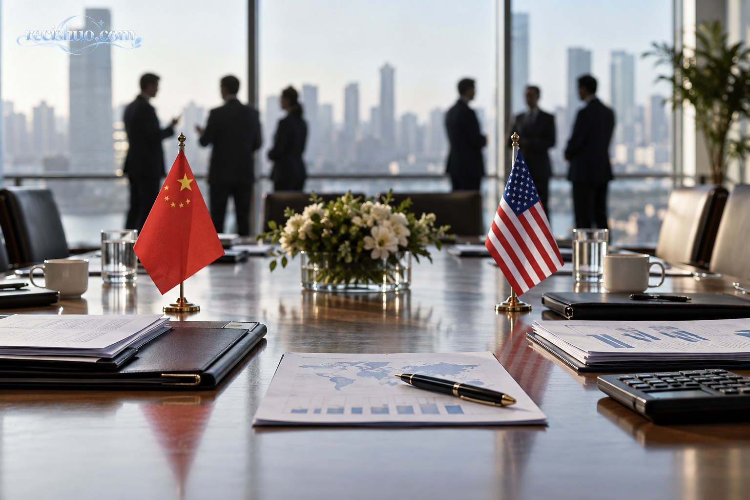 中美两国桌旗与经贸资料置于国际会议长桌上,商务代表在远处交流