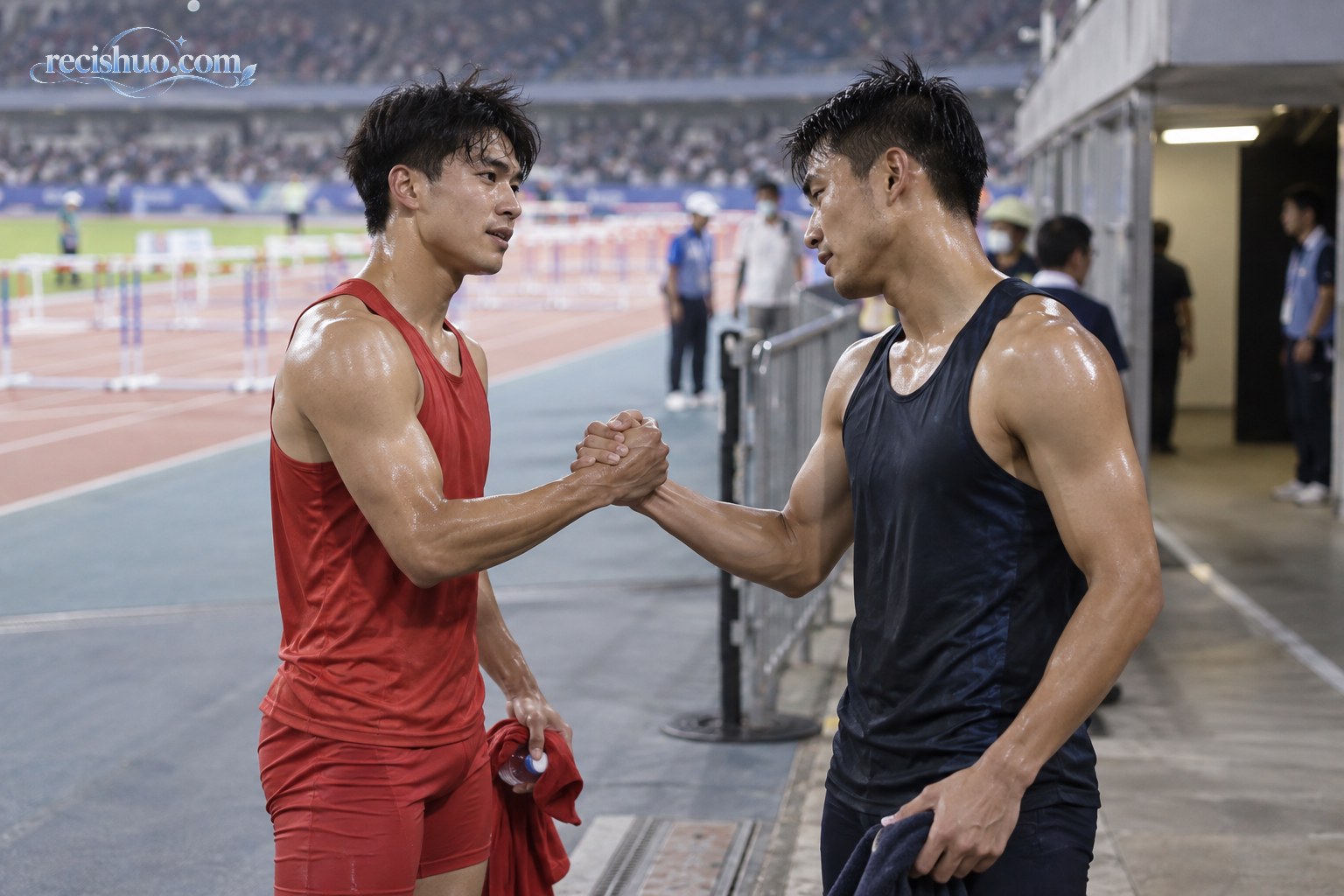 比赛结束后两名男子田径运动员在跑道旁握手致意