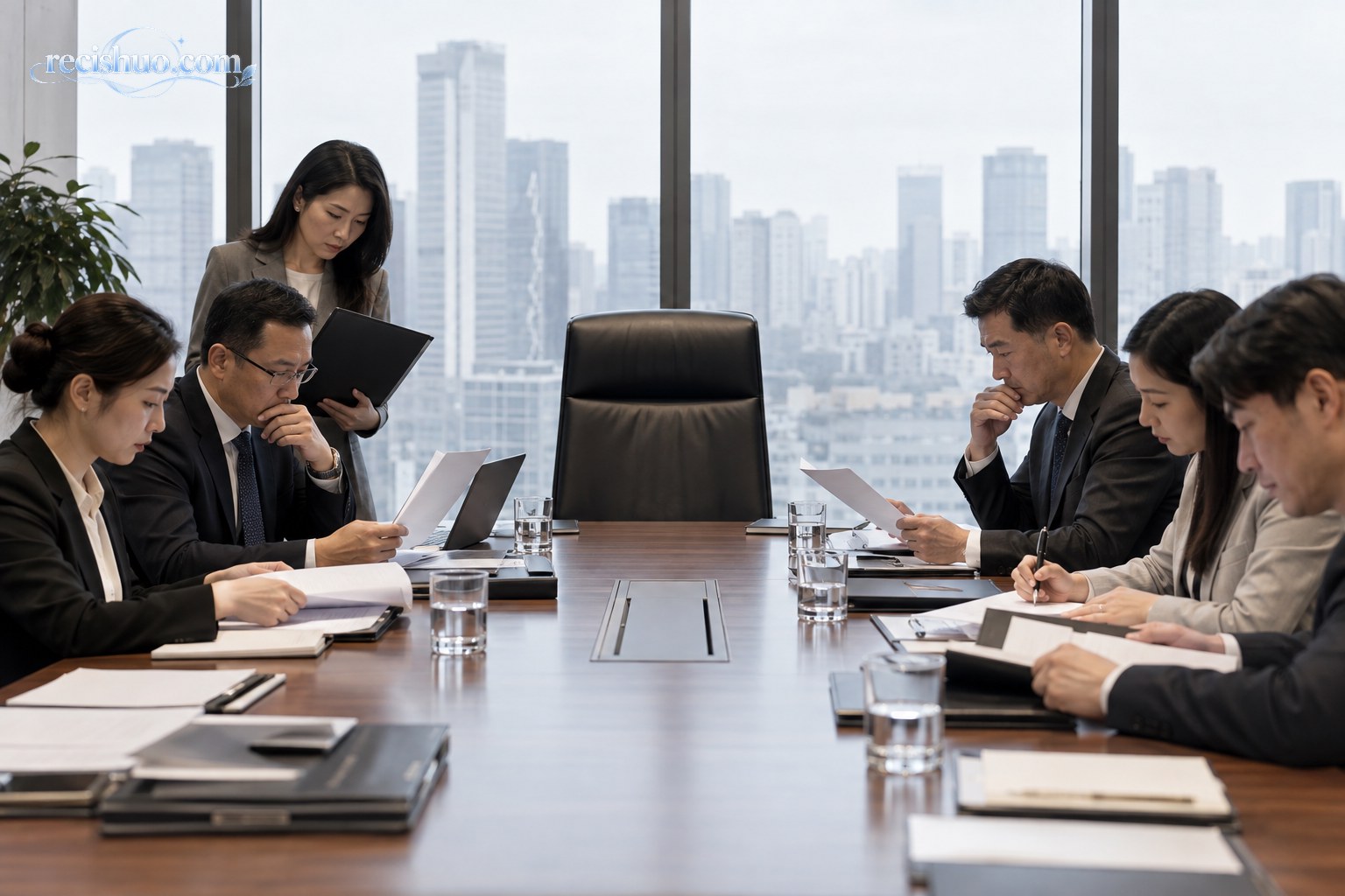 企业合规与审计人员在会议室核查文件的场景