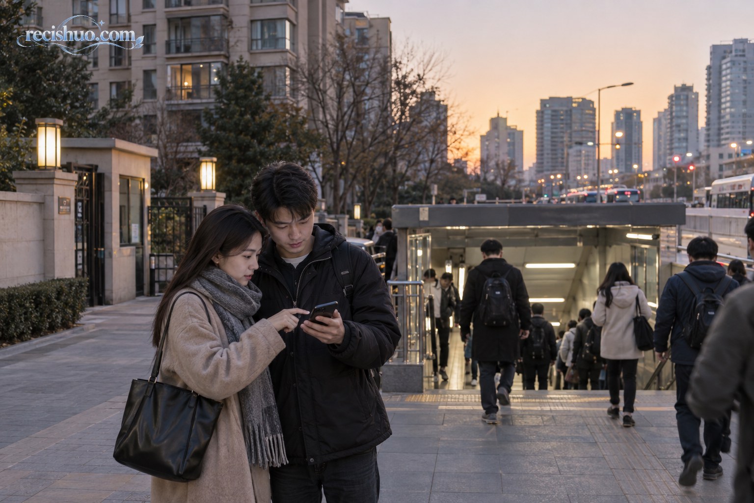 傍晚年轻人在住宅小区与地铁入口附近查看住房信息