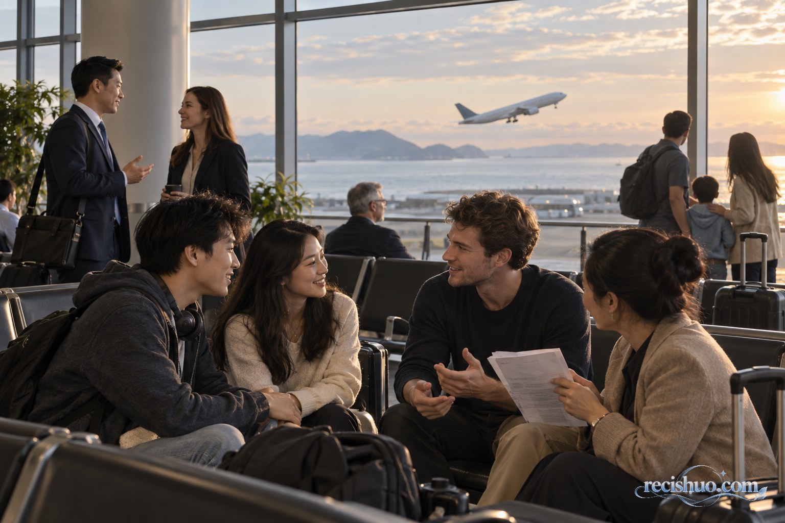 国际机场候机区内不同国家的旅客自然交流,窗外客机正在起飞