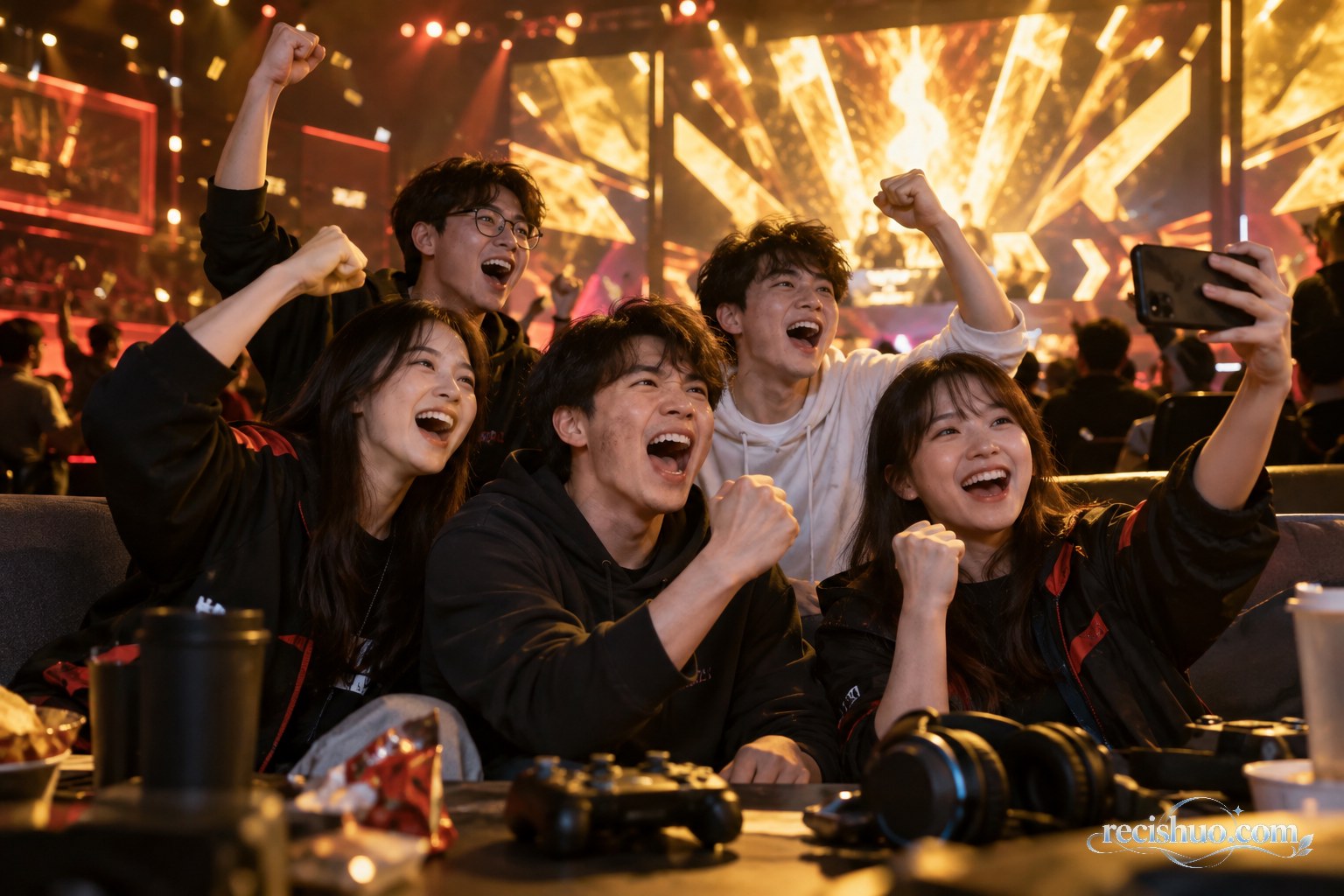 年轻电竞爱好者在金色灯光下共同欢呼并用手机记录庆祝时刻