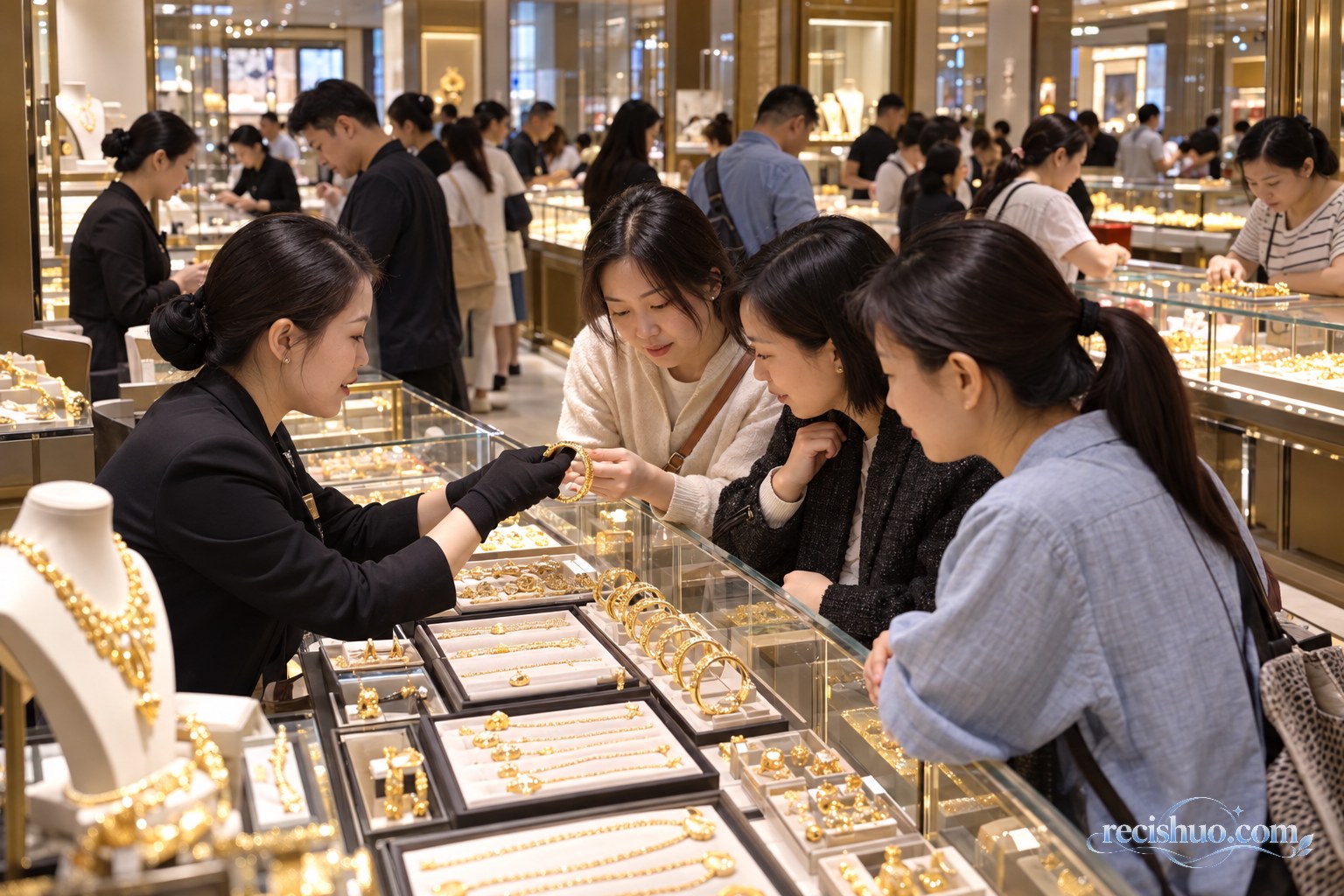 深圳黄金珠宝市场内消费者在柜台前挑选金饰的热闹场景
