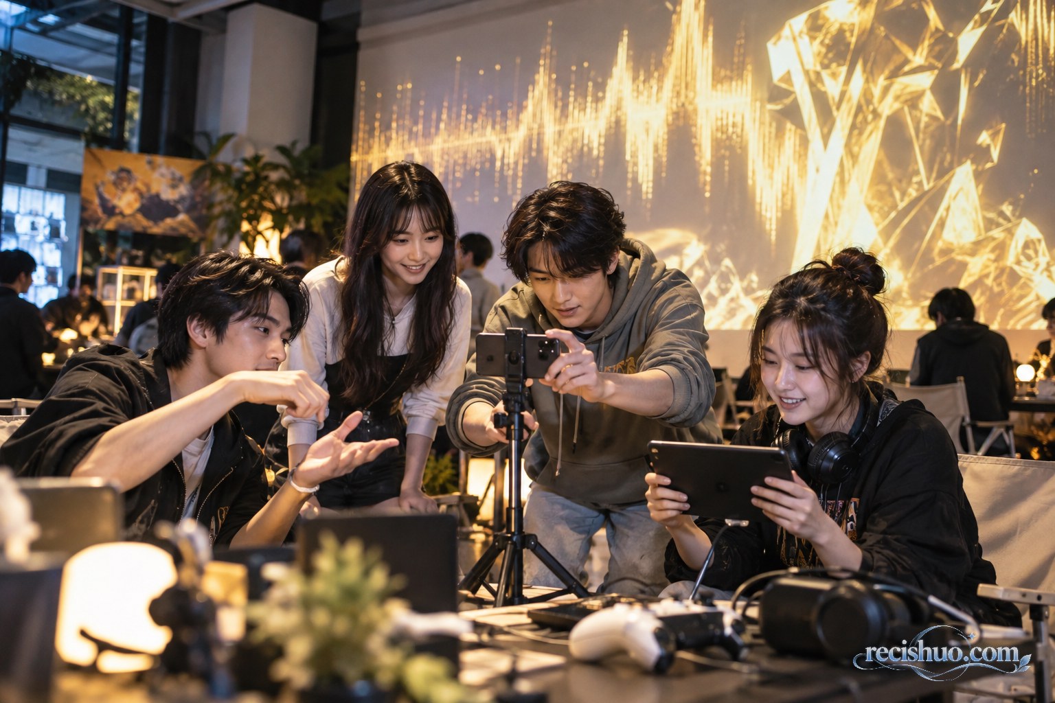 多名年轻玩家在活动空间共同讨论并拍摄电竞庆祝短视频