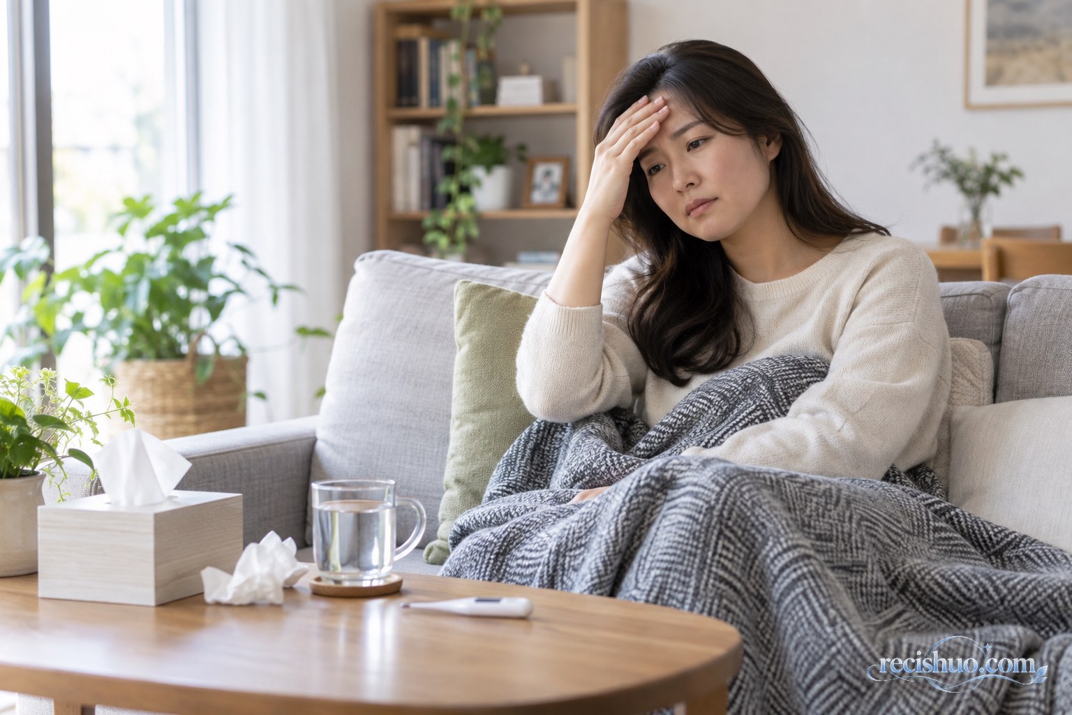 一名身体不适的成年女性在家中休息,桌上放着温水、纸巾和电子体温计