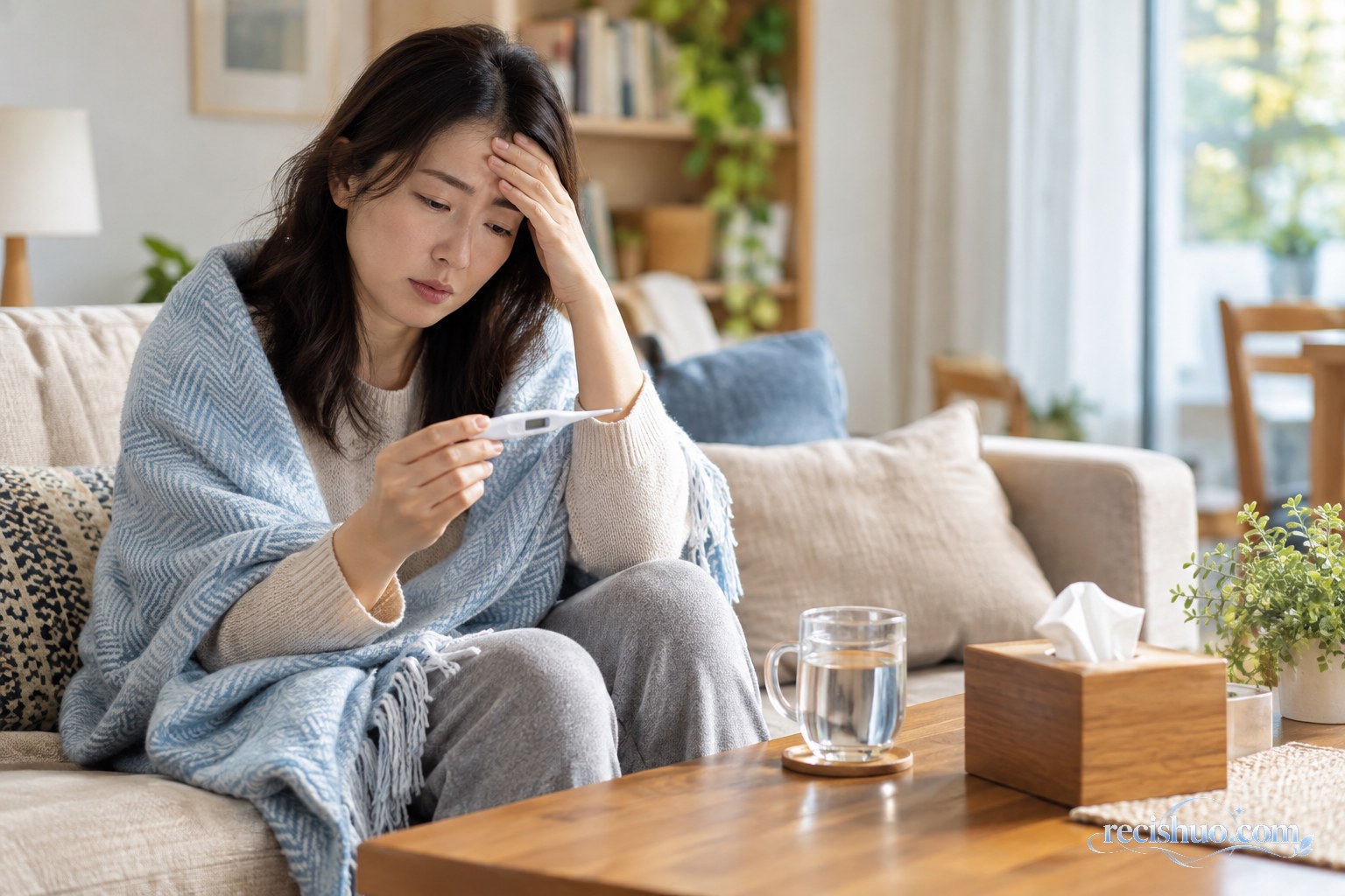 出现不适的女性在家中查看电子体温计并休息观察
