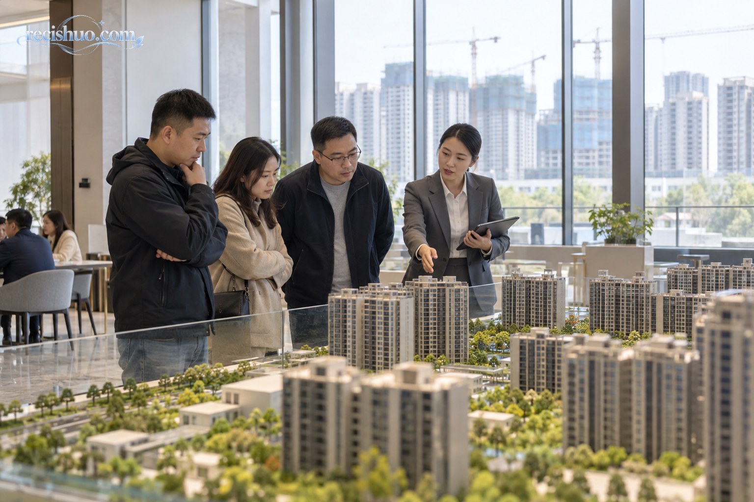 购房者在城市住宅楼盘销售中心查看沙盘并听取置业顾问介绍