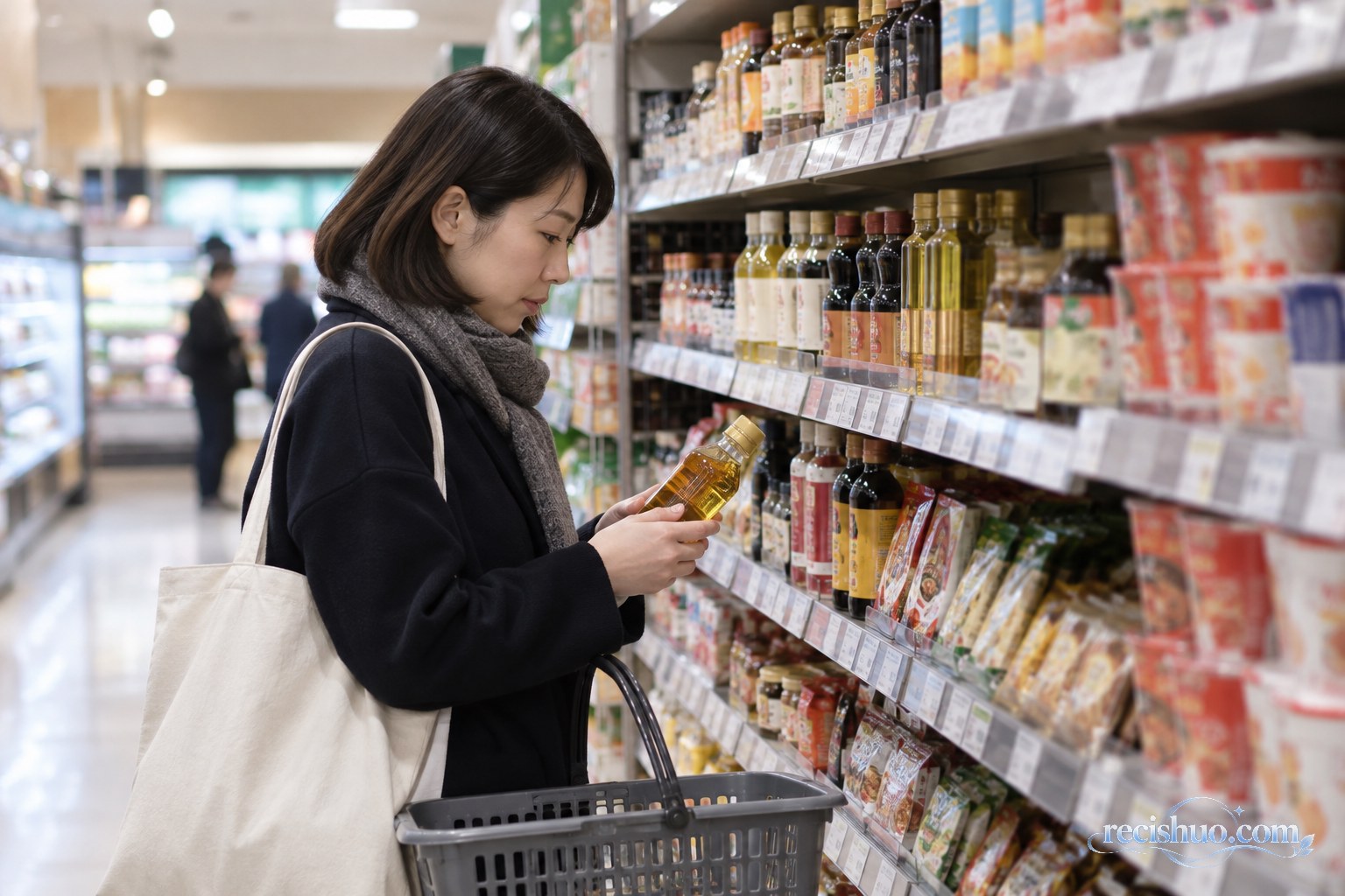日本消费者在社区超市食品货架前比较商品价格