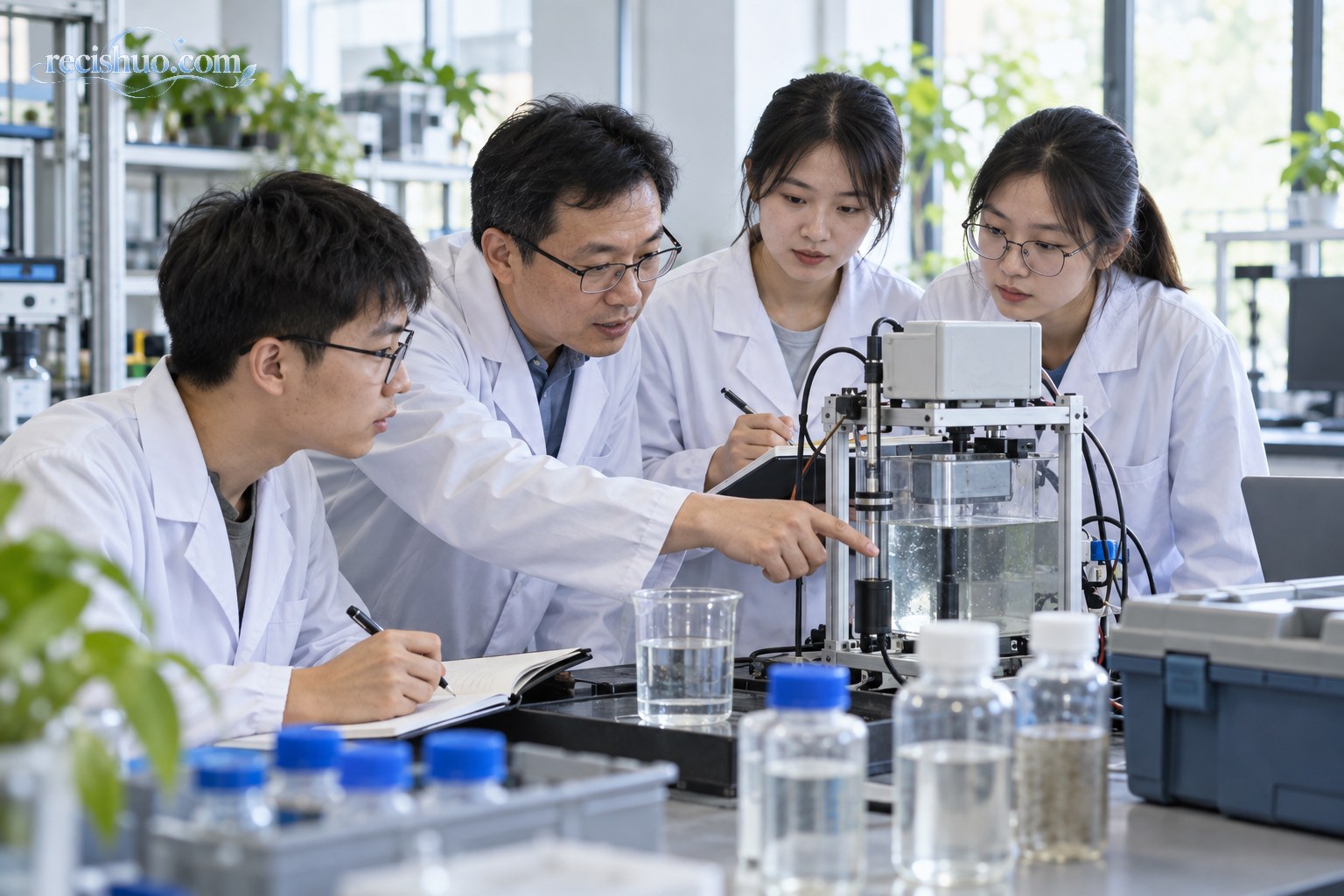 教师带领学生在实验室检查水质监测装置并记录数据