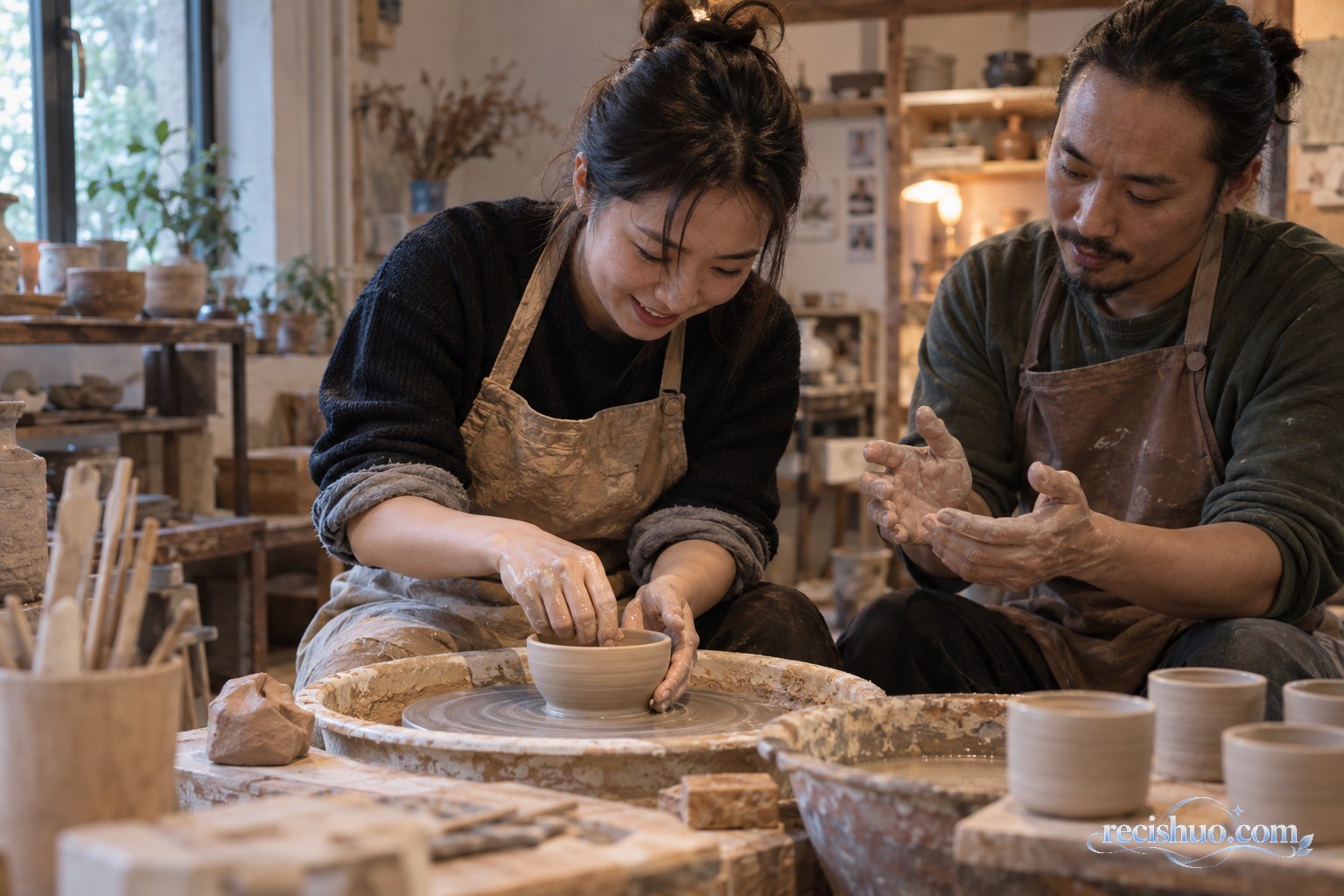 陶艺工作室中,一名成年人在老师指导下专注制作陶碗