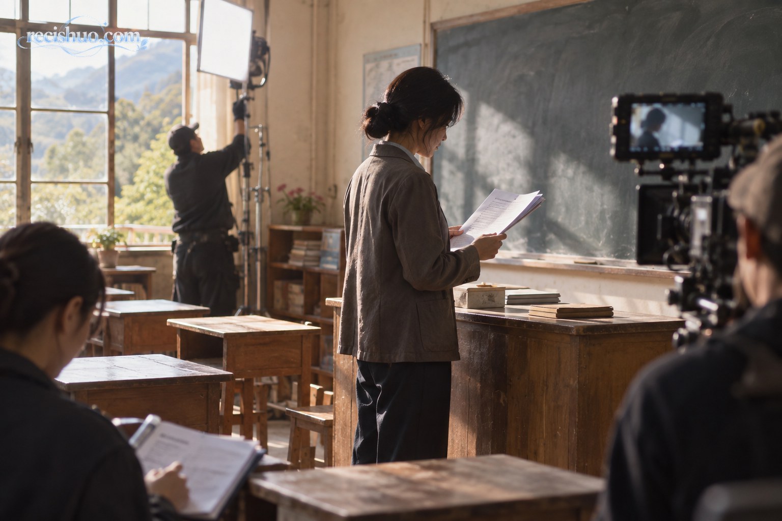 乡村学校教室片场内,教师造型的女演员在摄影机前研读剧本