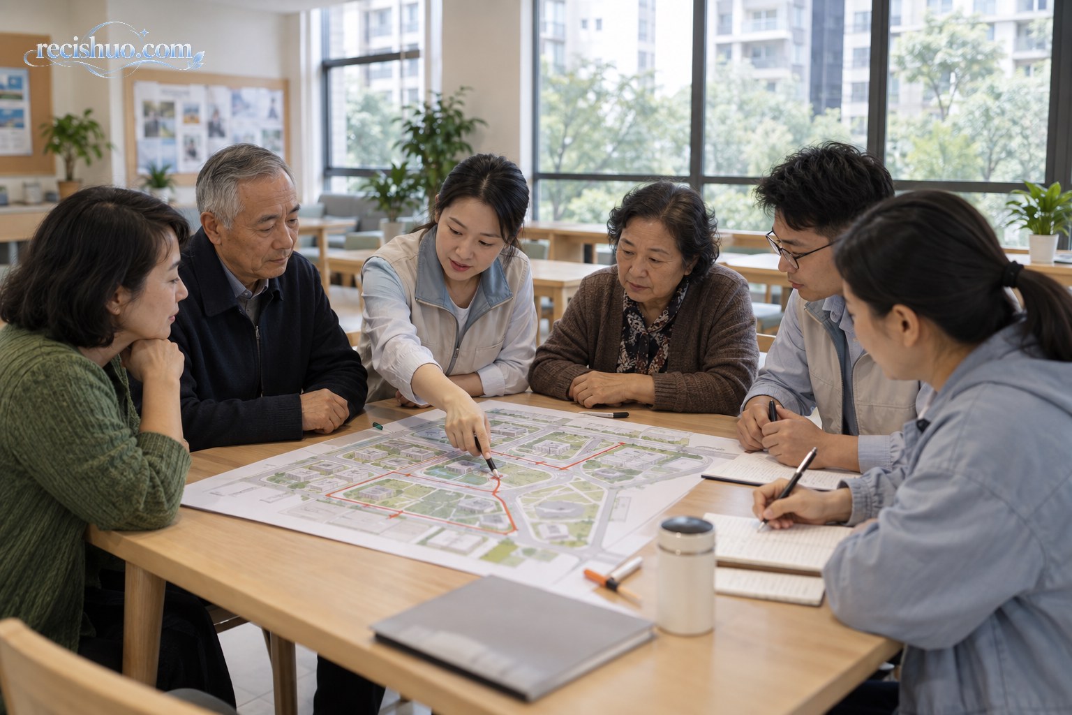 不同年龄居民与社区工作人员围桌讨论风险点和疏散路线