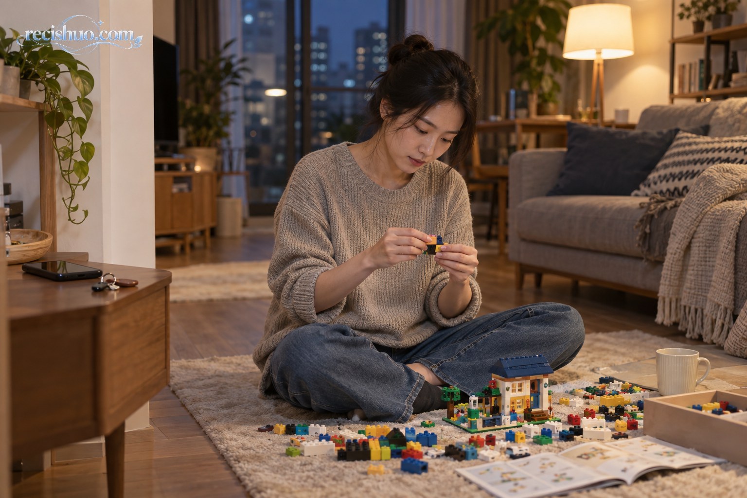 下班后的年轻人在客厅地毯上专注拼搭彩色积木