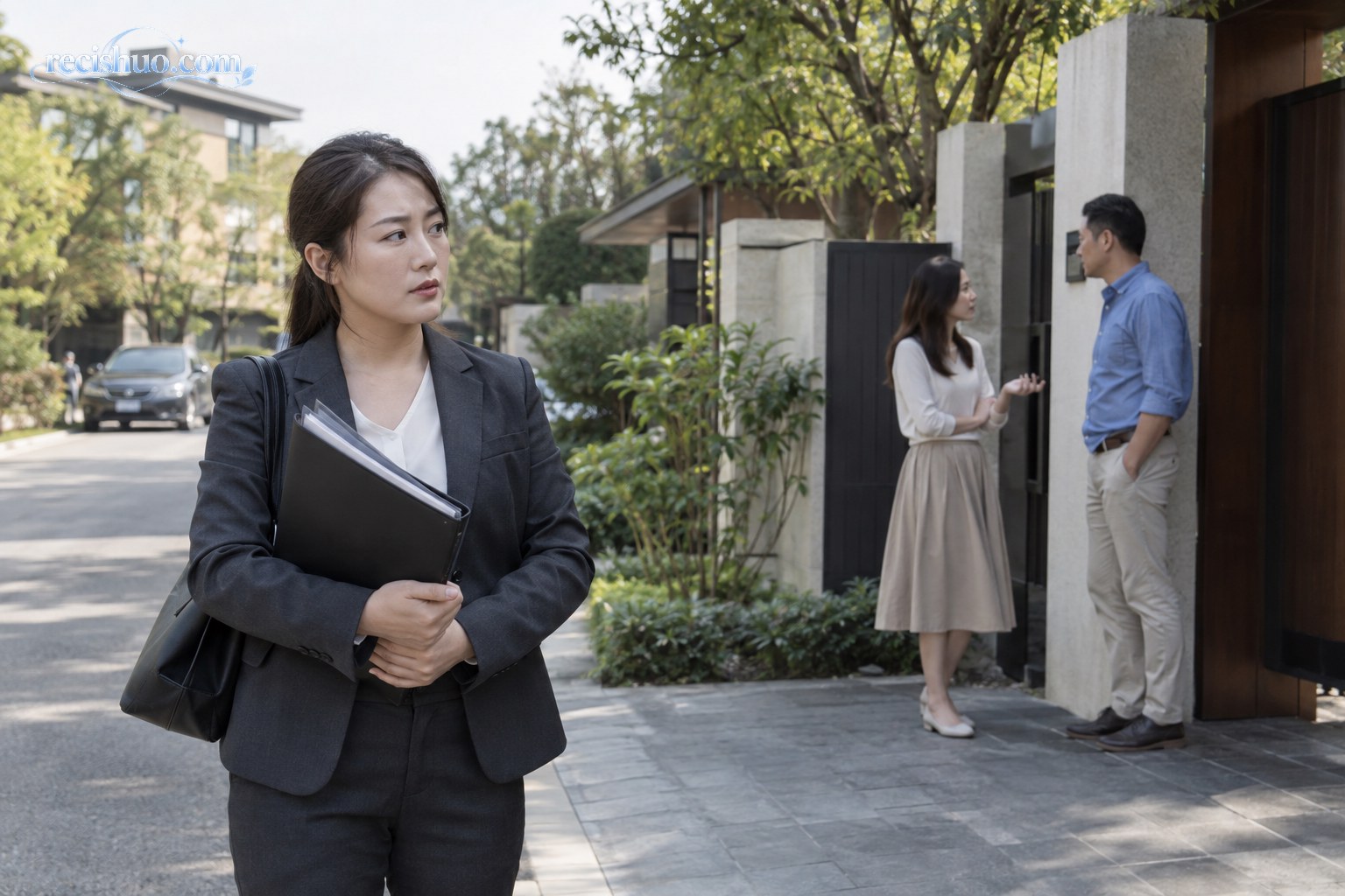 房产经纪人手持资料站在别墅外,远处买卖双方正在住宅门口交谈