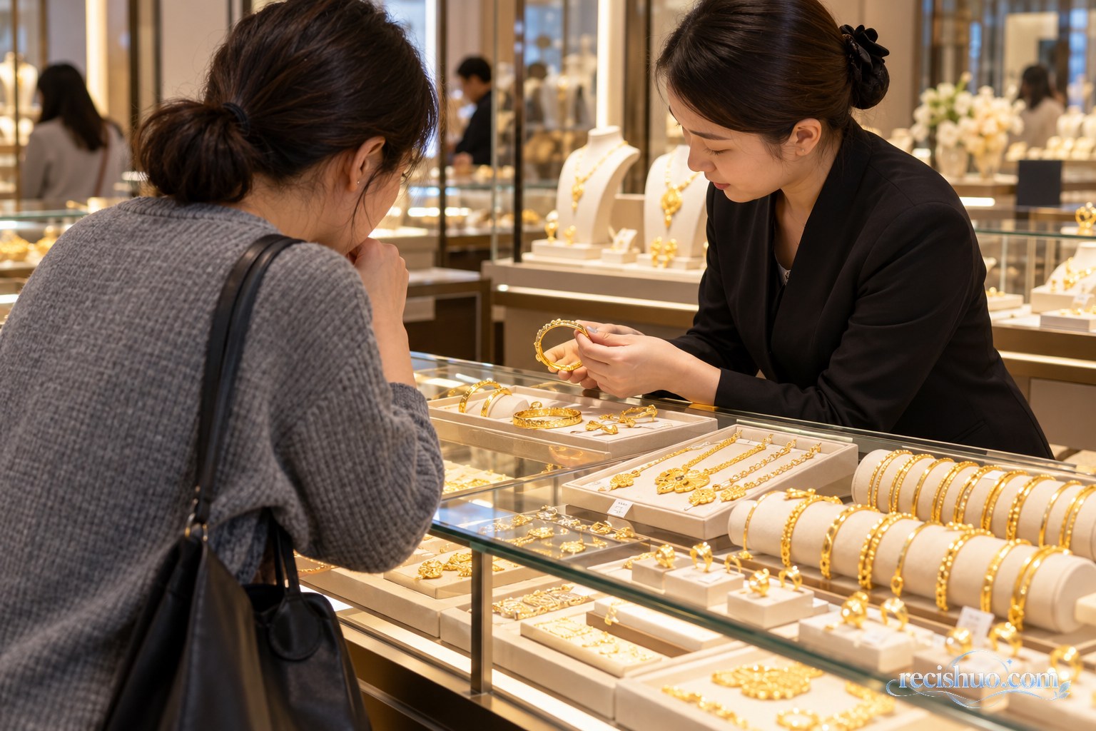 消费者在珠宝店柜台前比较不同黄金饰品并听取店员说明