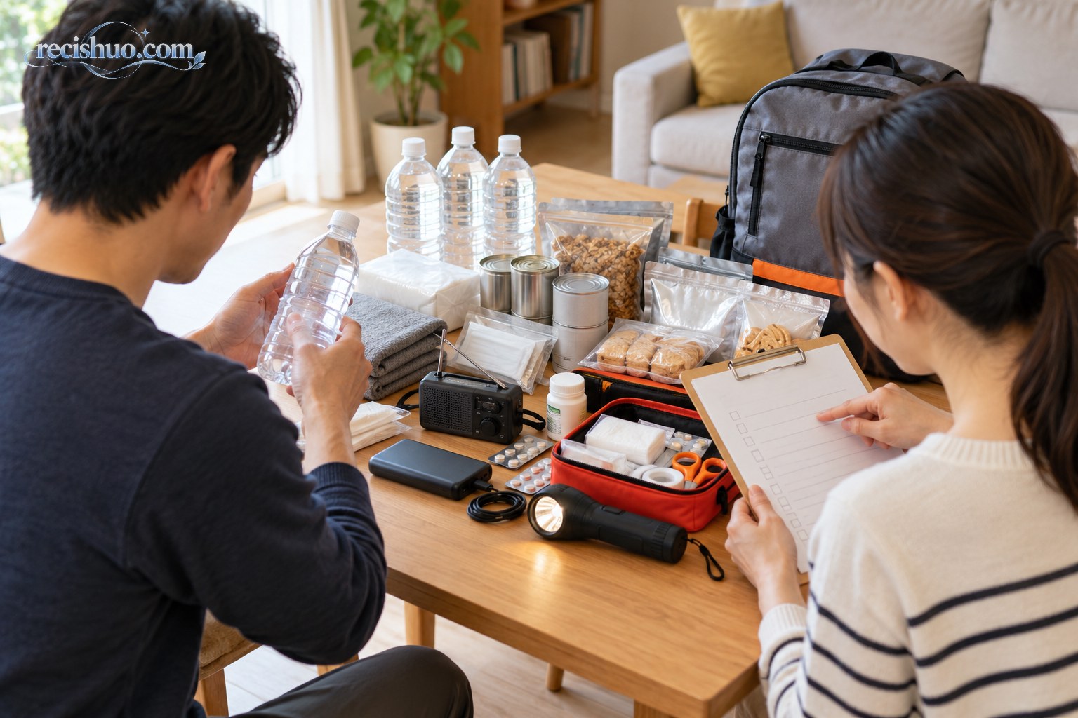 家庭成员在客厅检查饮用水、食品、药品和照明设备等防灾物资