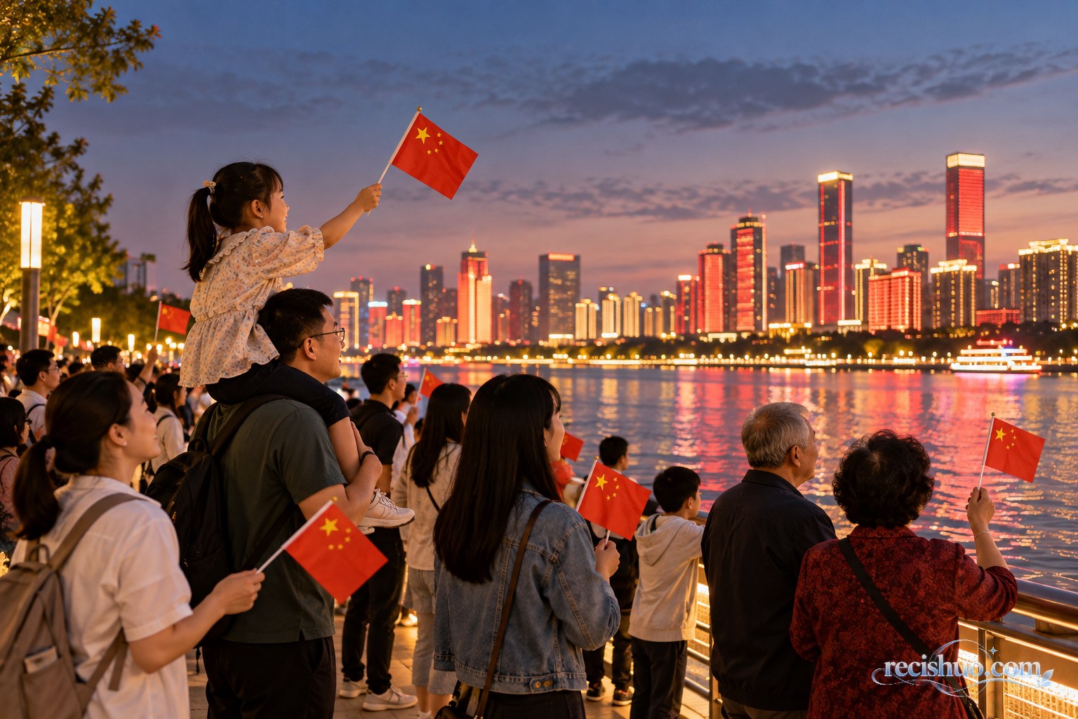 傍晚的城市滨水步道上,不同年龄的市民手持国旗共同观看节日灯光