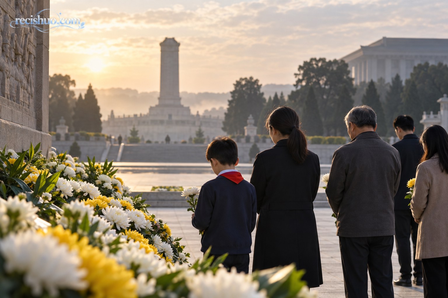 清晨的纪念广场上,市民与少年在鲜花前肃立致敬