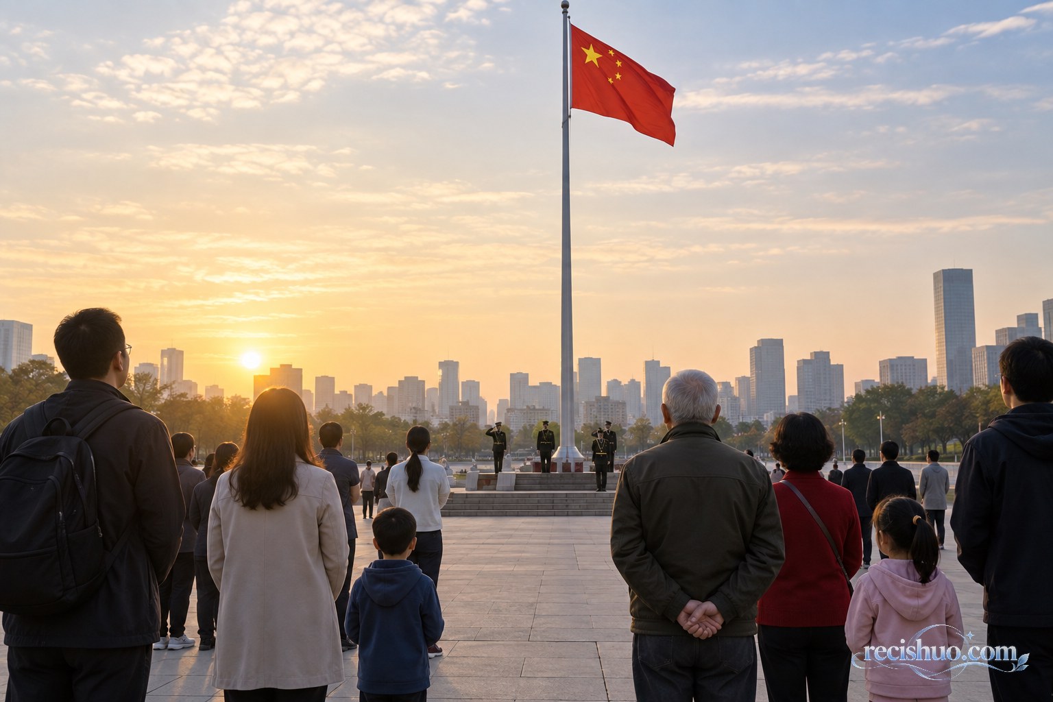 朝阳下的城市广场举行升旗仪式,市民肃立注视五星红旗
