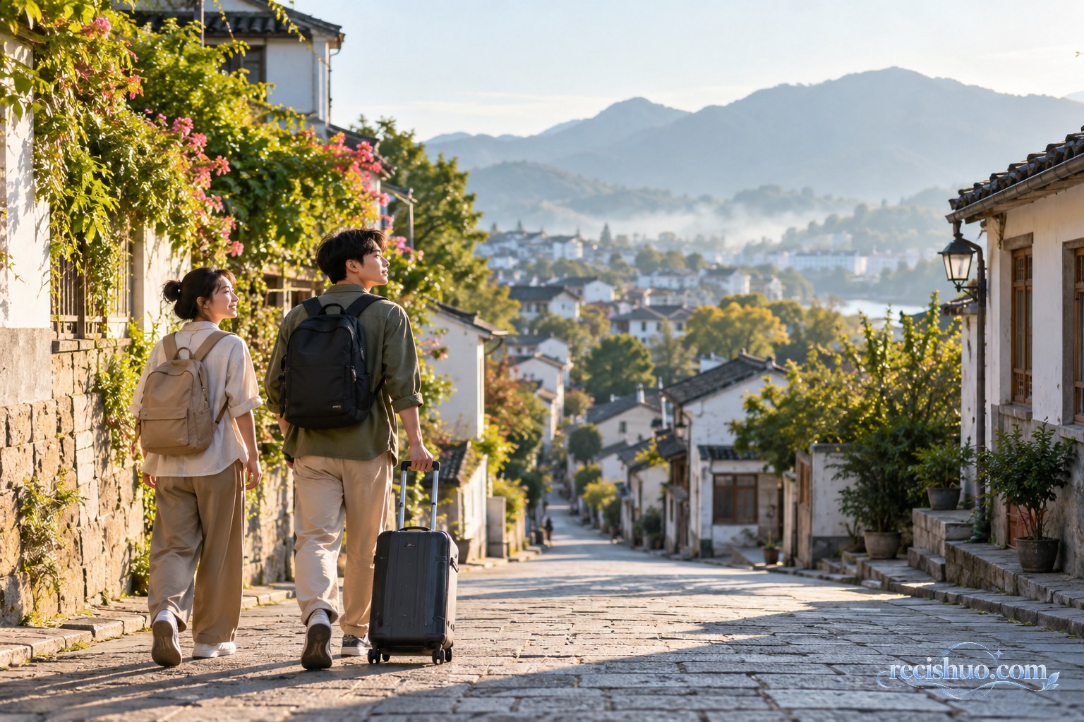 年轻旅伴带着轻便行李走在清晨安静的小城街巷中