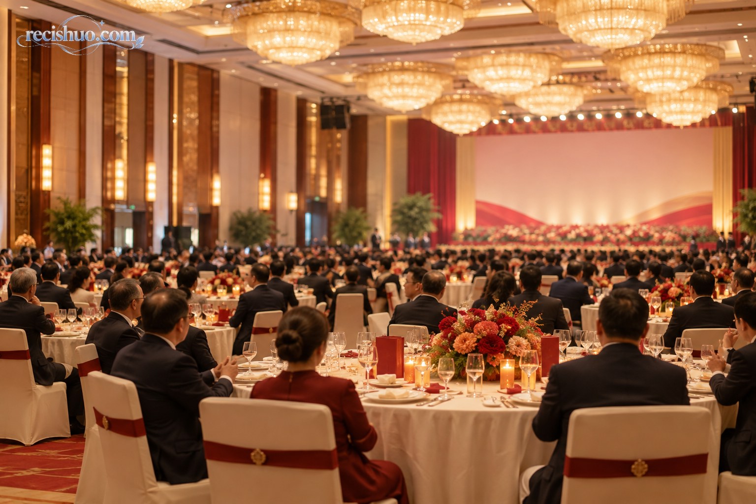 暖色灯光下庄重有序的国庆招待会会场远景