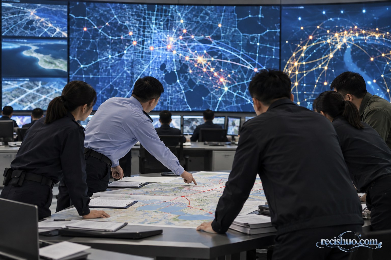 多地工作组在联合指挥室核对地图并协同研判信息