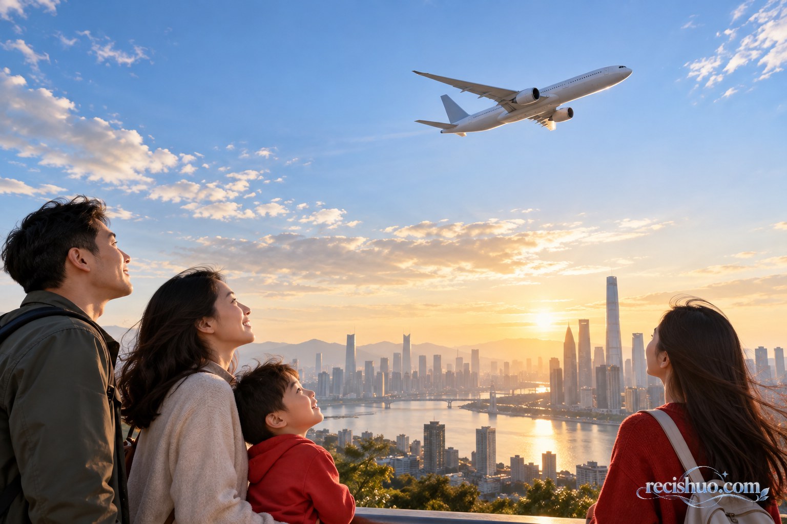晨光中的中国城市上空飞过客机,市民在远处仰望天空