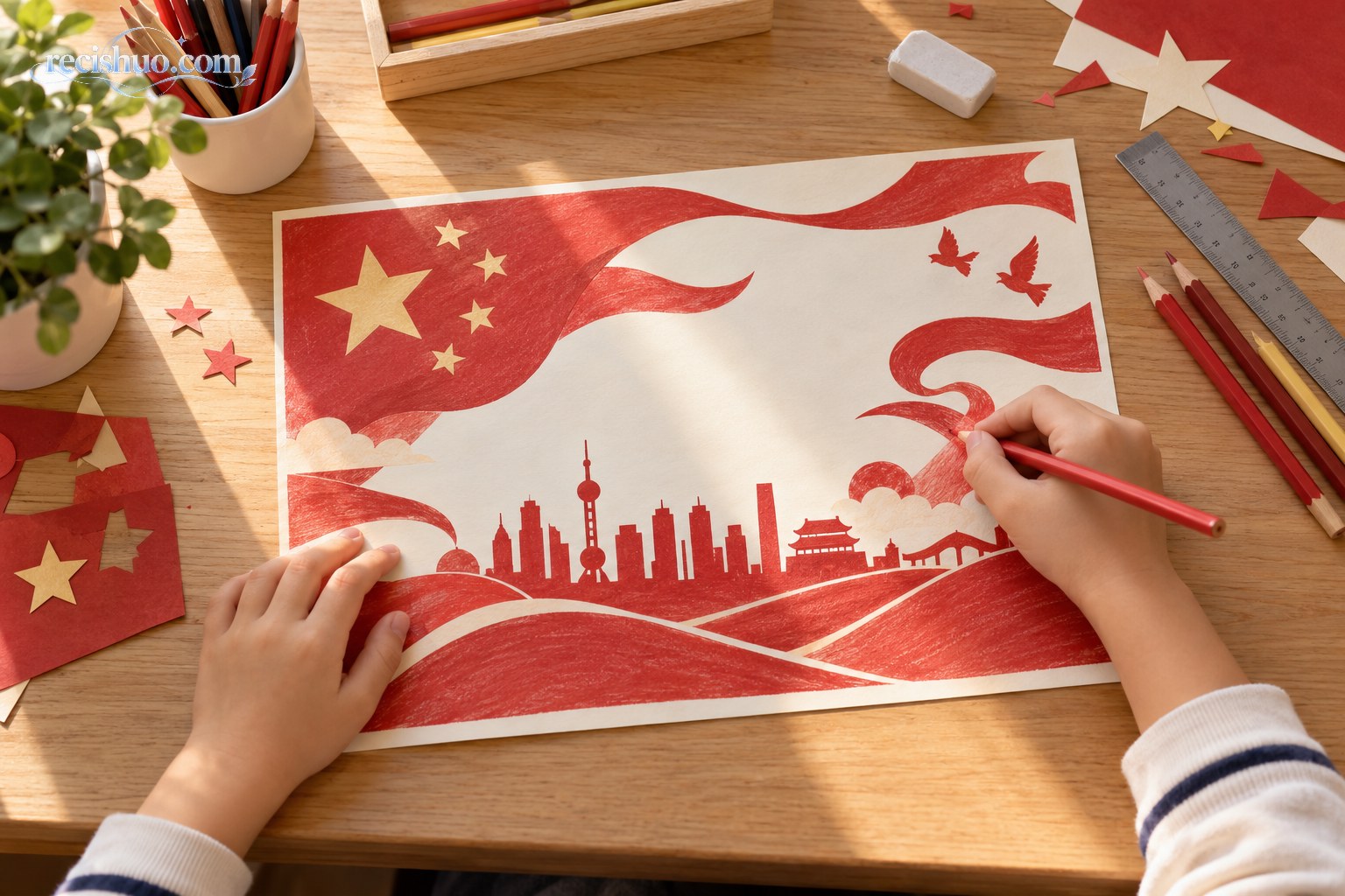 孩子在阳光下用红色彩铅绘制国庆主题手抄报