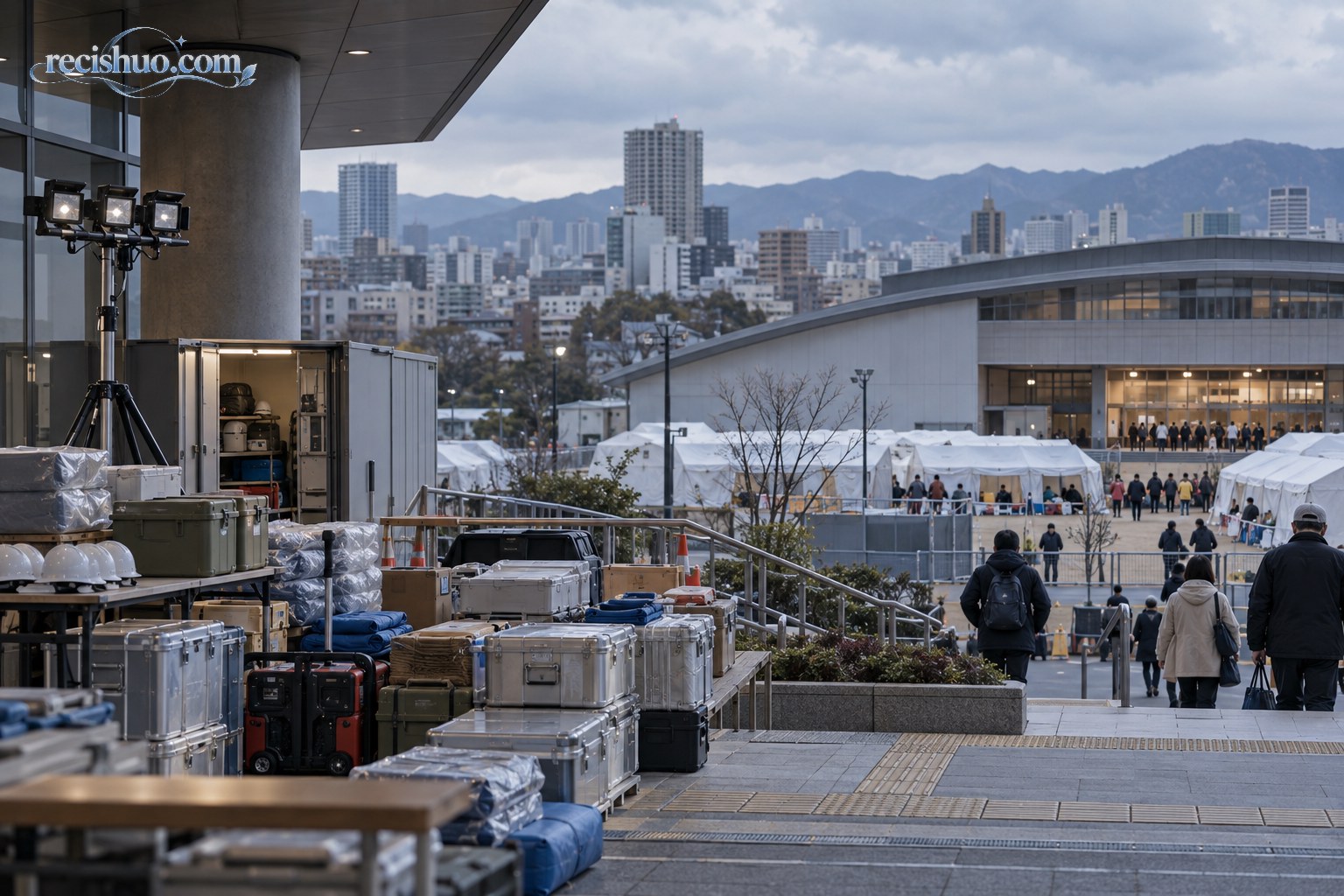 日本城市公共空间内摆放着救援物资,远处设有临时避难帐篷