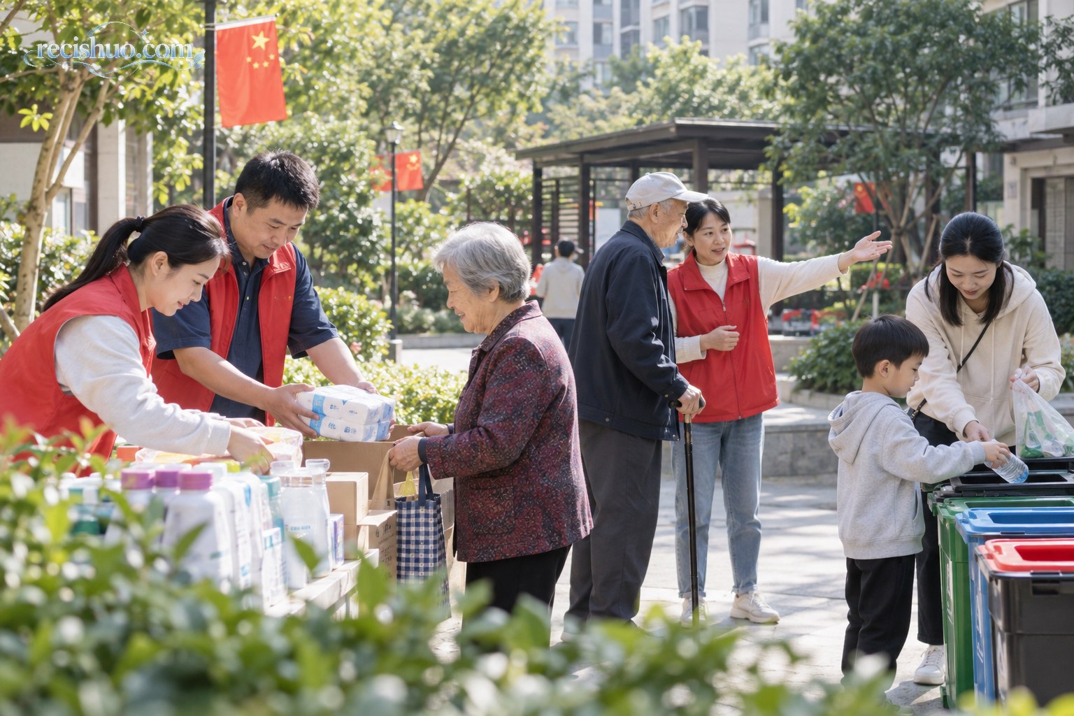 社区居民参与便民服务和垃圾分类,用实际行动传递节日祝福