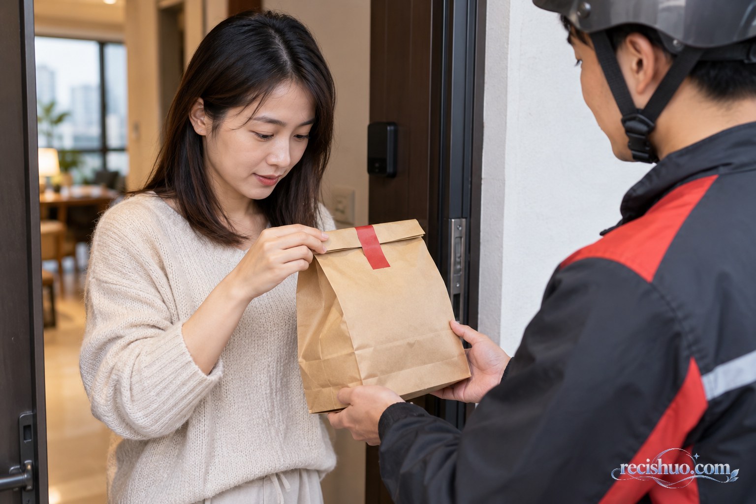 消费者在住宅门口检查外卖餐袋封口是否完整