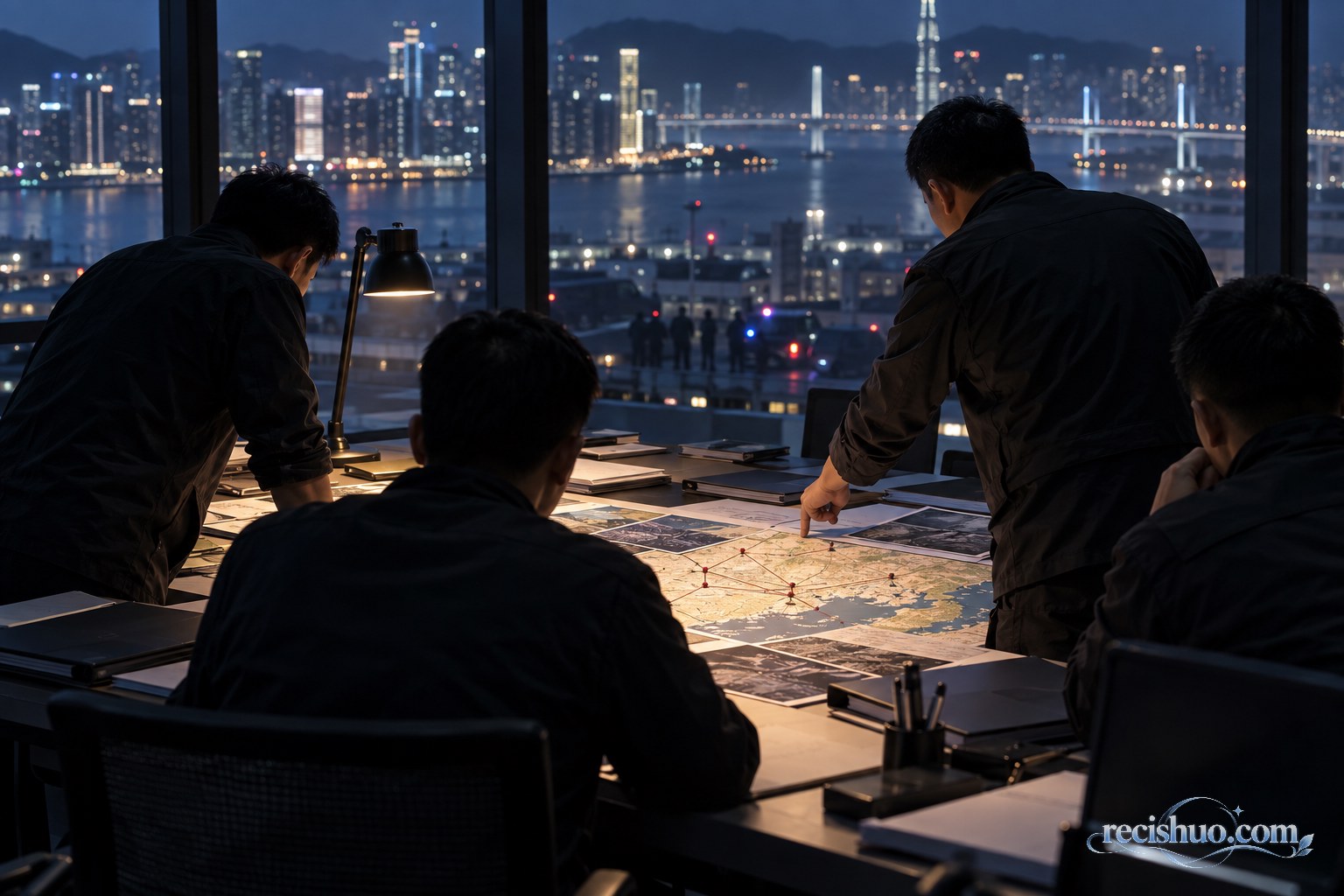 执法人员在城市夜景前围绕区域地图研判跨境案件线索
