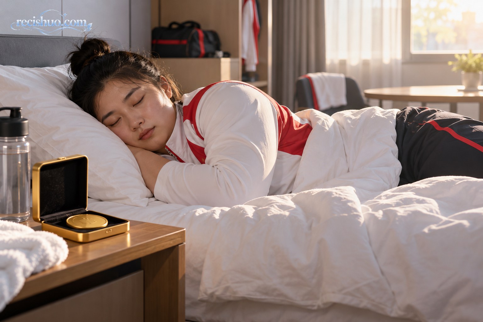 女子举重运动员在安静休息室入睡,床边摆放无标识金色奖牌盒的纪实场景