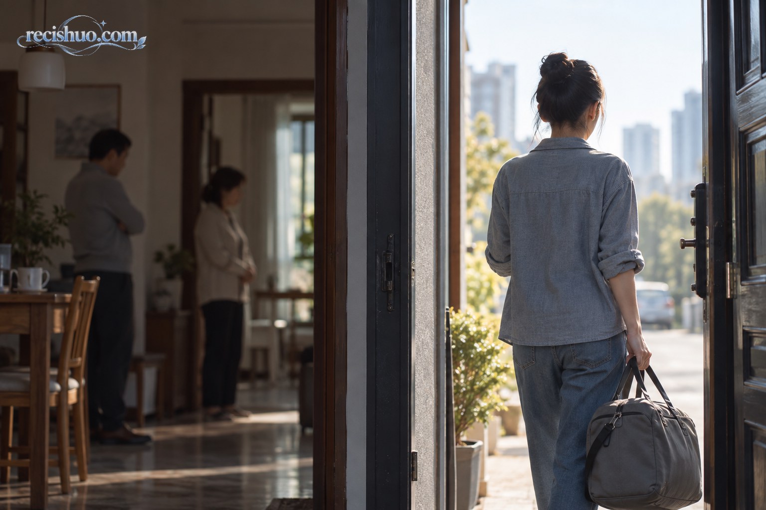 年轻女性提着旅行包站在家门外,室内家人身影模糊,晨光照向门外城市
