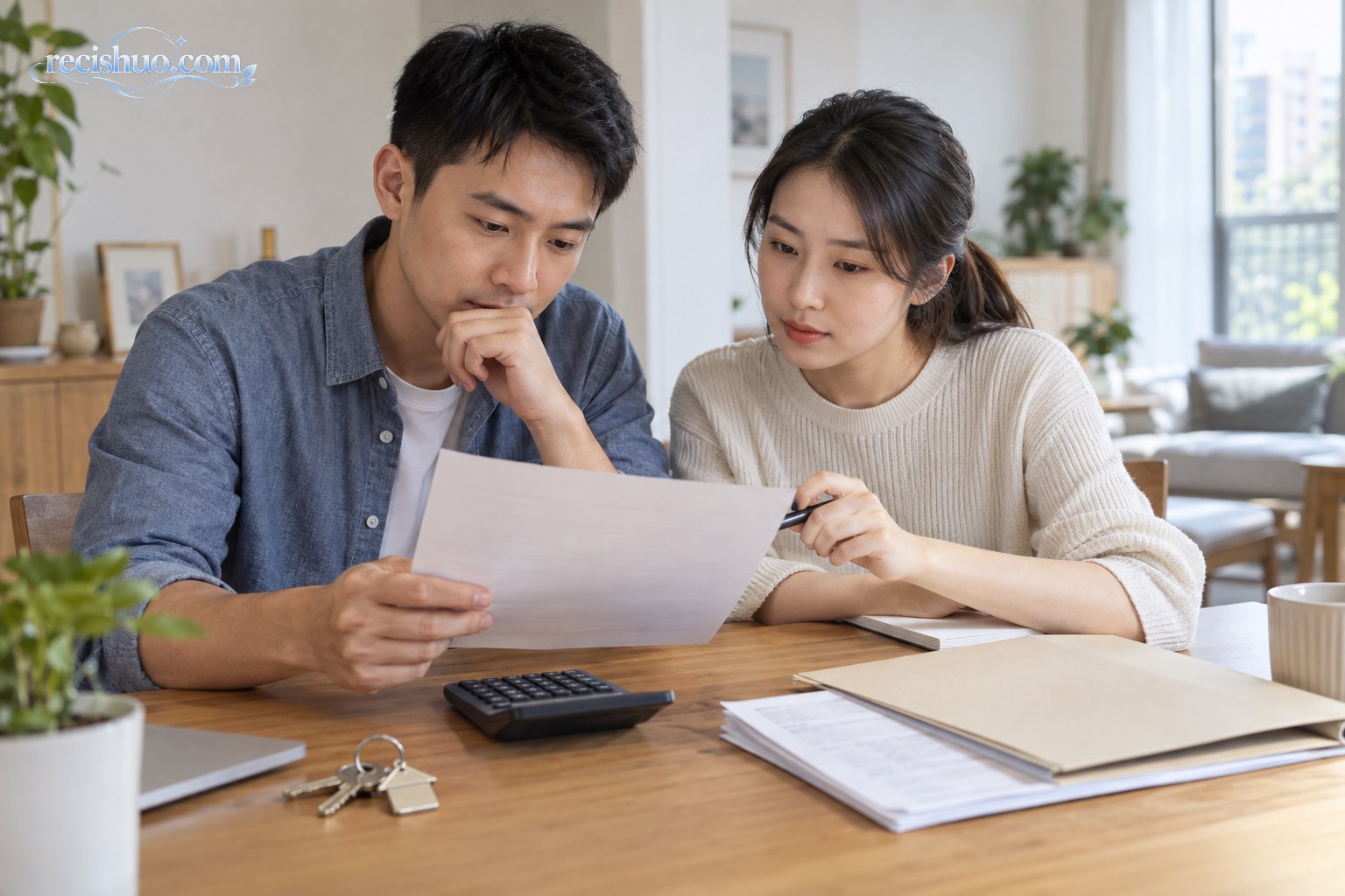 年轻夫妻在家中查看住房贷款资料并使用计算器核算支出