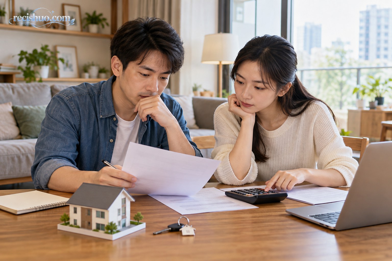 年轻夫妻在家中对照材料核算首套住房贷款预算