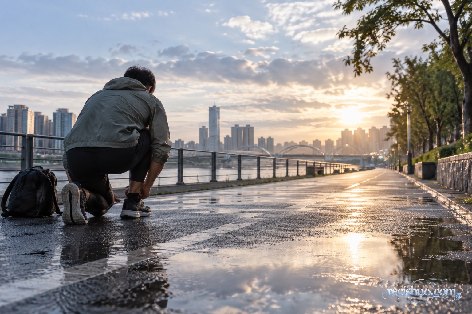 雨后清晨,一名年轻人在河畔步道系紧鞋带准备重新出发