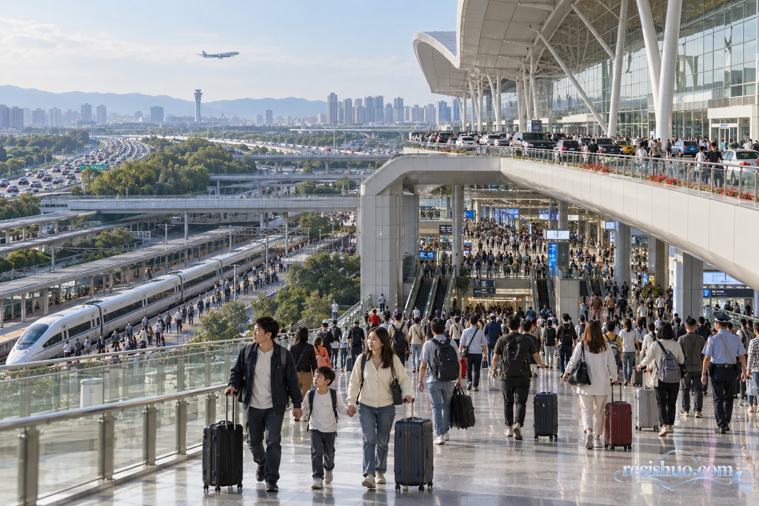 国庆假期里旅客携带行李穿行于现代综合交通枢纽,远处可见铁路、公路与民航场景