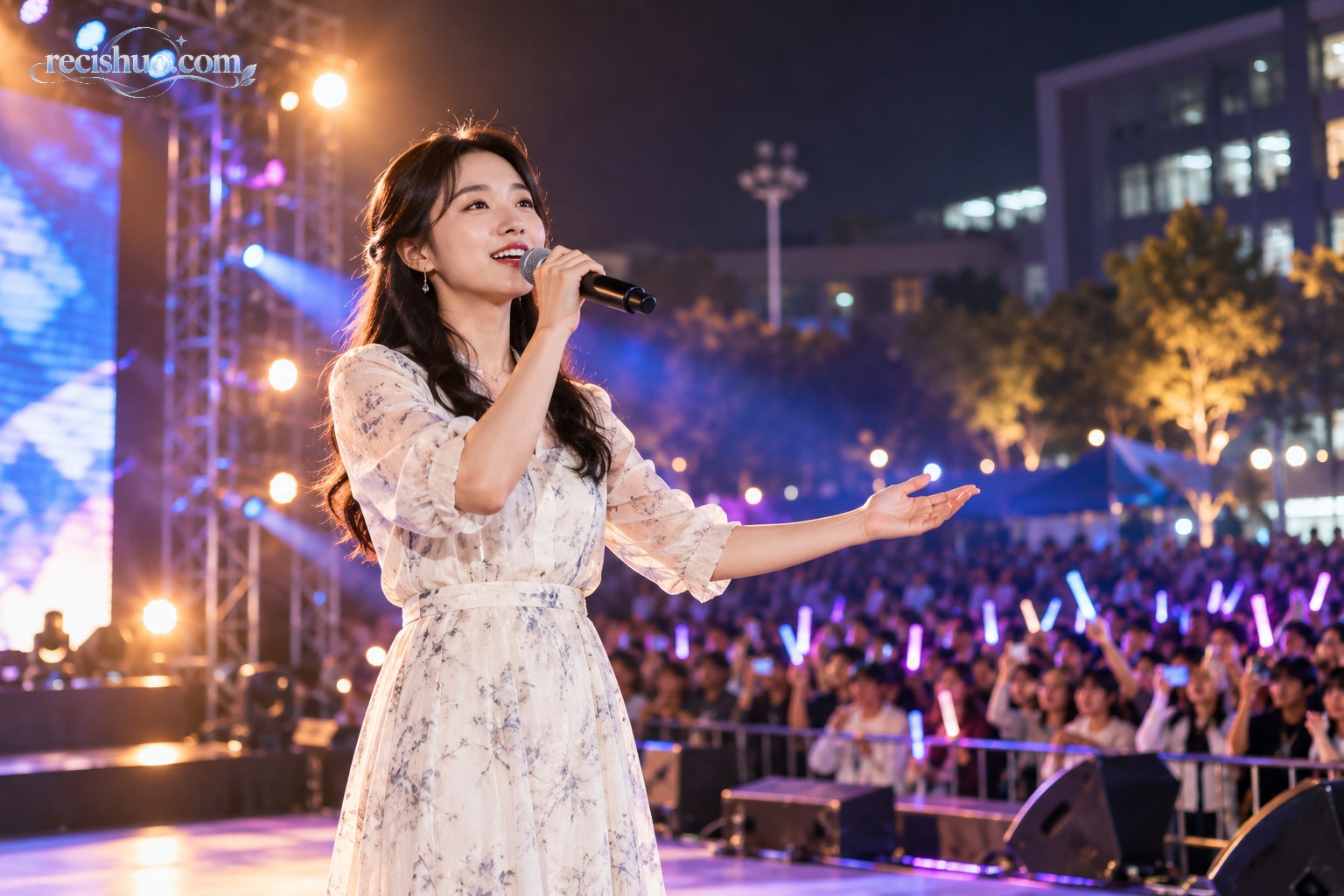 大学迎新晚会舞台上,一位年轻女教师手持麦克风演唱,台下观众在灯光中观看