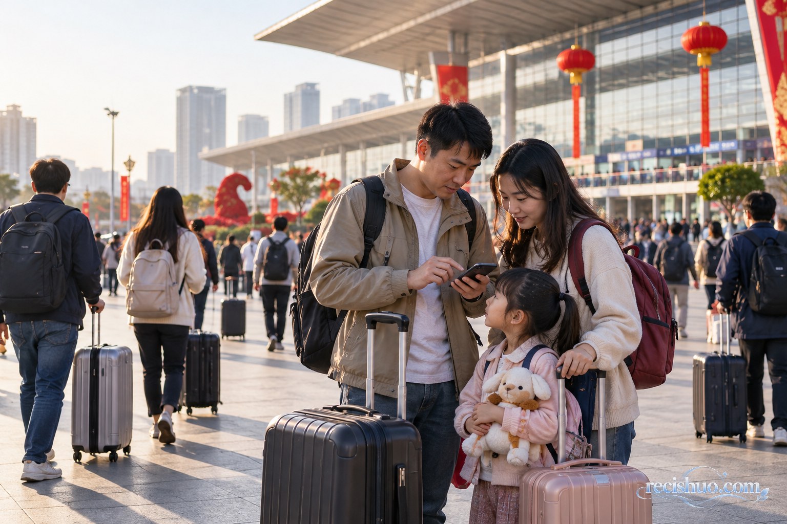 国庆清晨,一家三口在铁路客运站外查看手机行程并照看随身行李
