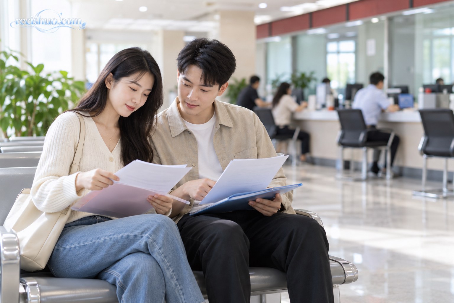 一对年轻伴侣在公共服务大厅等候区核对登记材料