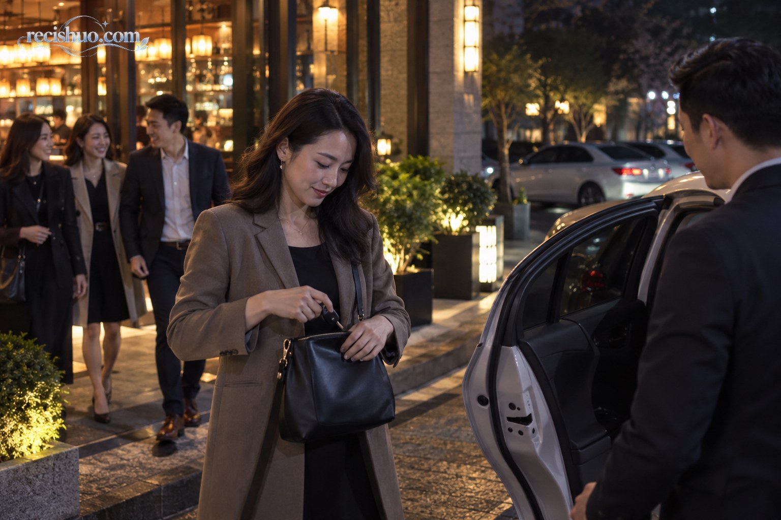 聚餐结束后,一名女子收起车钥匙并准备乘坐其他车辆离开