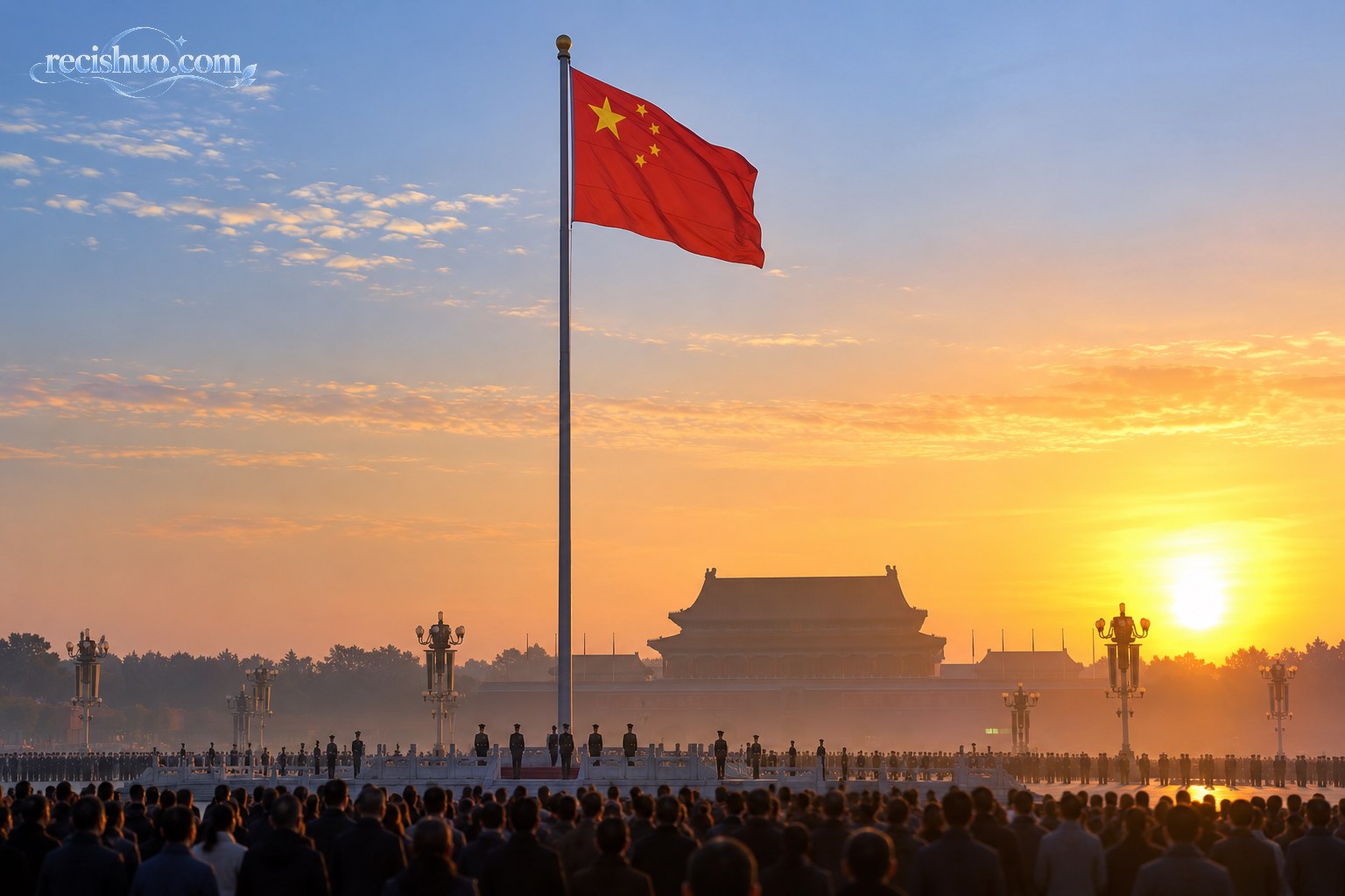 清晨阳光映照下,五星红旗在开阔广场上空冉冉升起