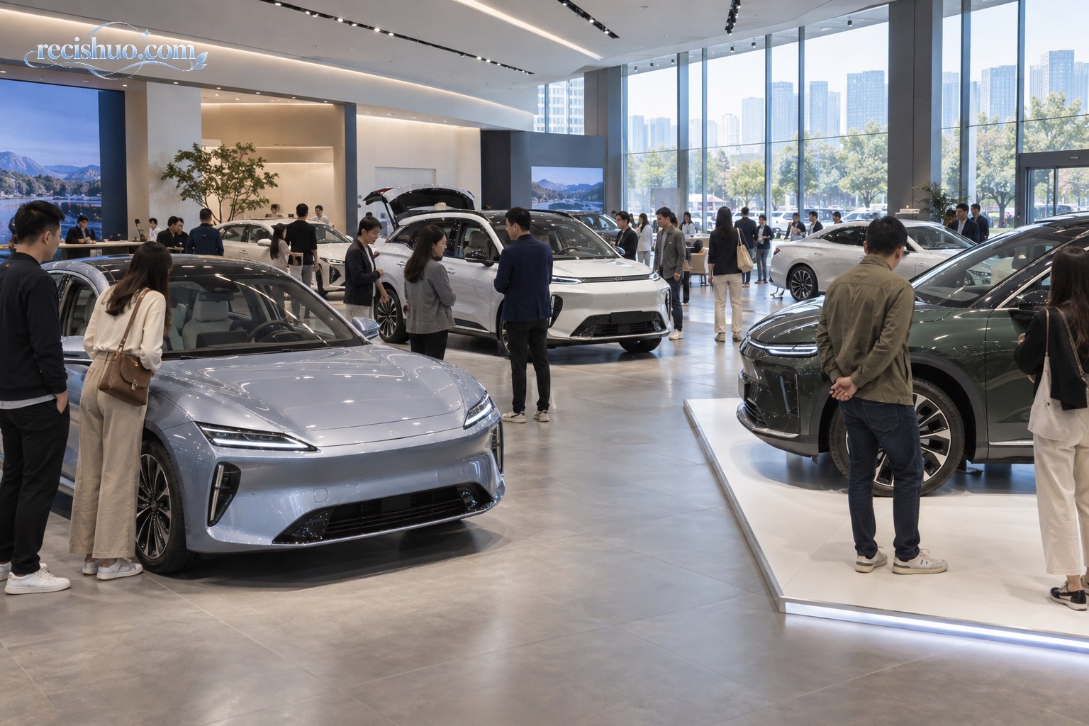 消费者在现代汽车展厅内比较不同级别的新能源轿车与SUV