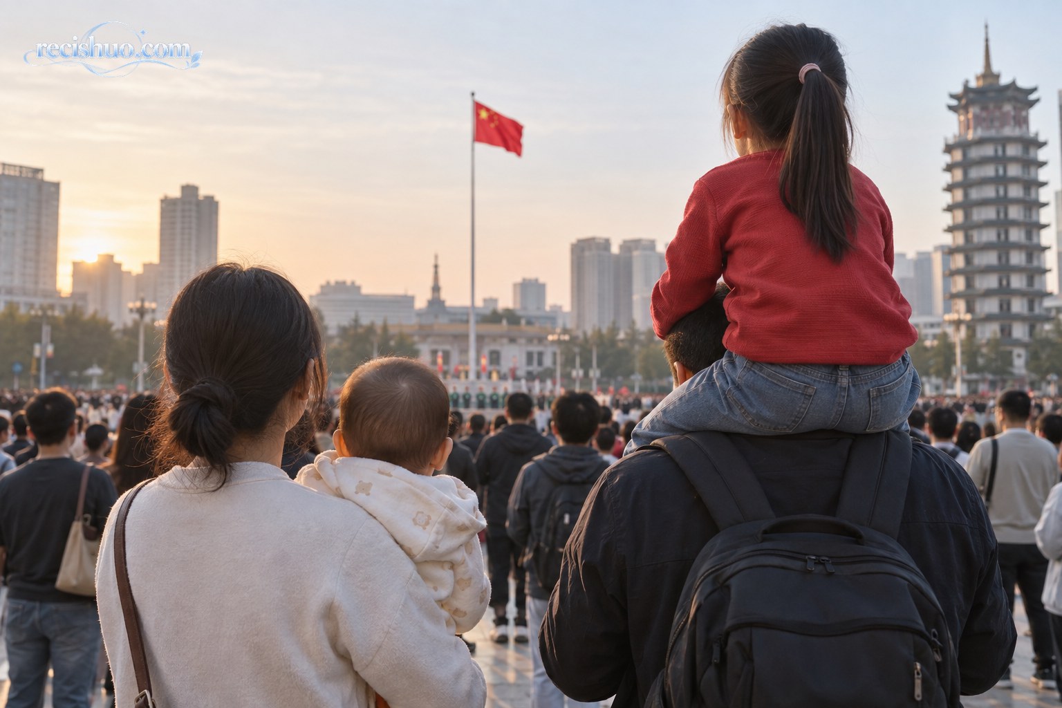 升旗仪式现场,父亲稳稳扶住肩上的女儿并与人群共同注视前方