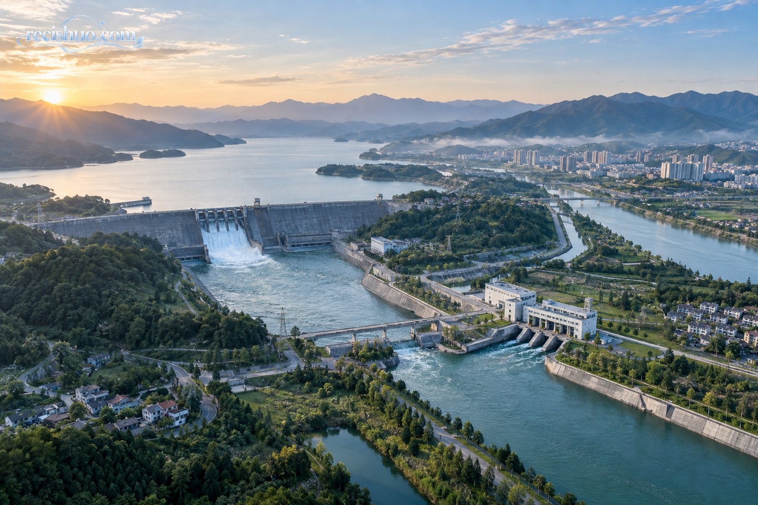 清晨航拍水库大坝、输水河道与远处城镇相连的现代水网场景