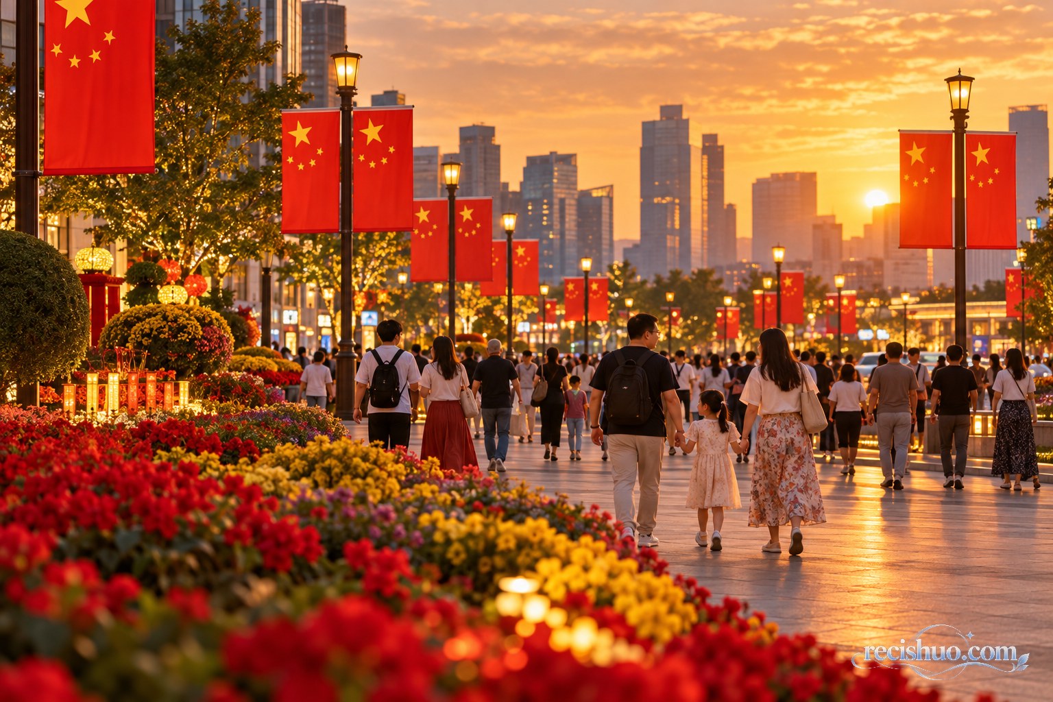 国庆期间市民在国旗与鲜花装点的城市街道上散步