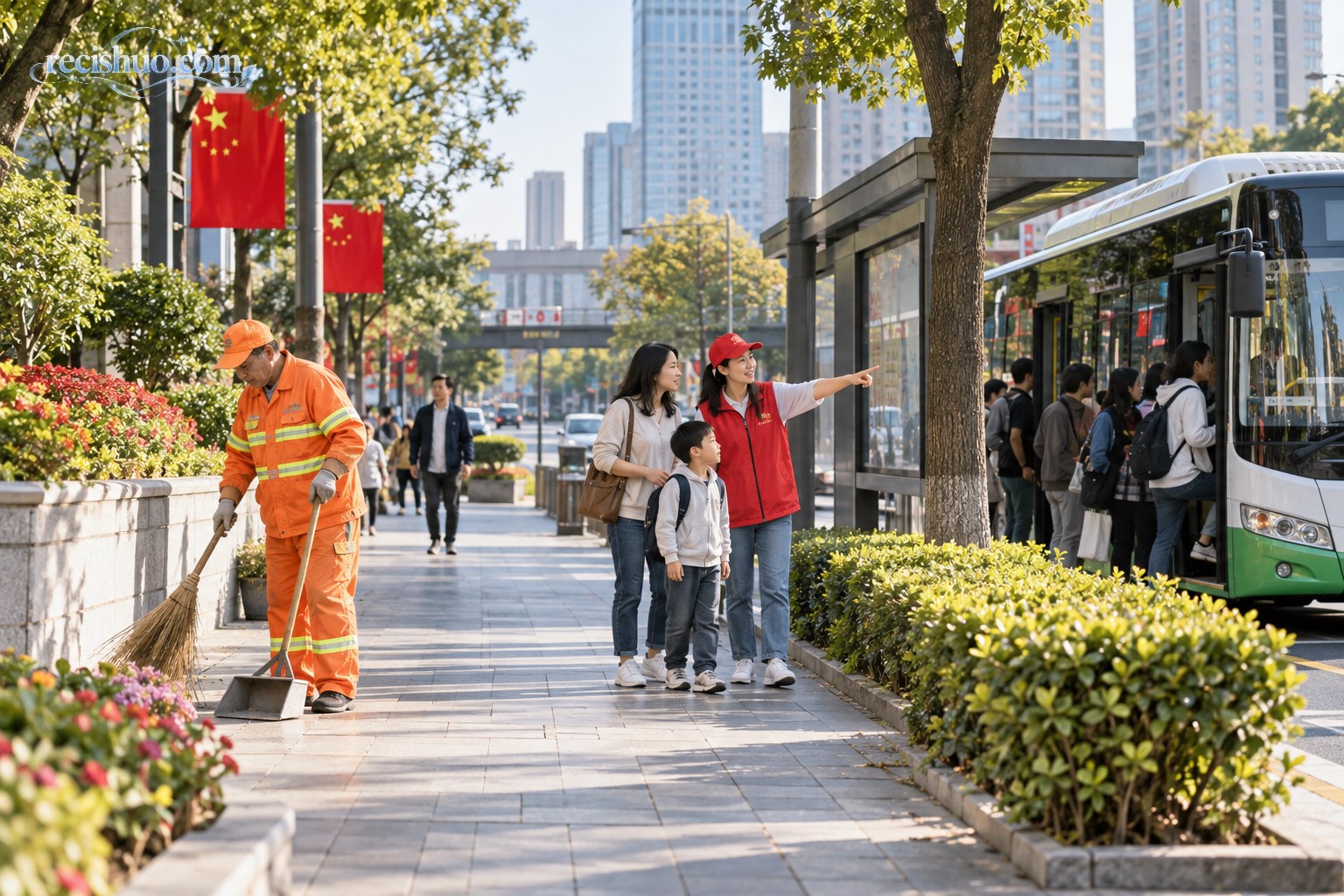 国庆清晨的城市街道上,环卫工人清扫路面,志愿者为市民指路