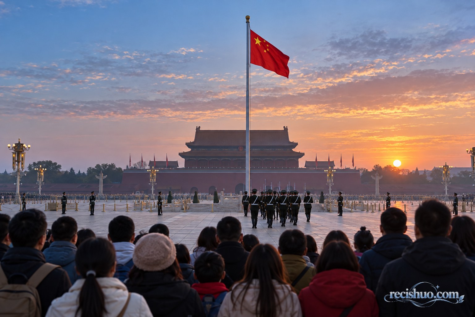 国庆清晨参观者在天安门广场面向国旗肃立的庄严场景